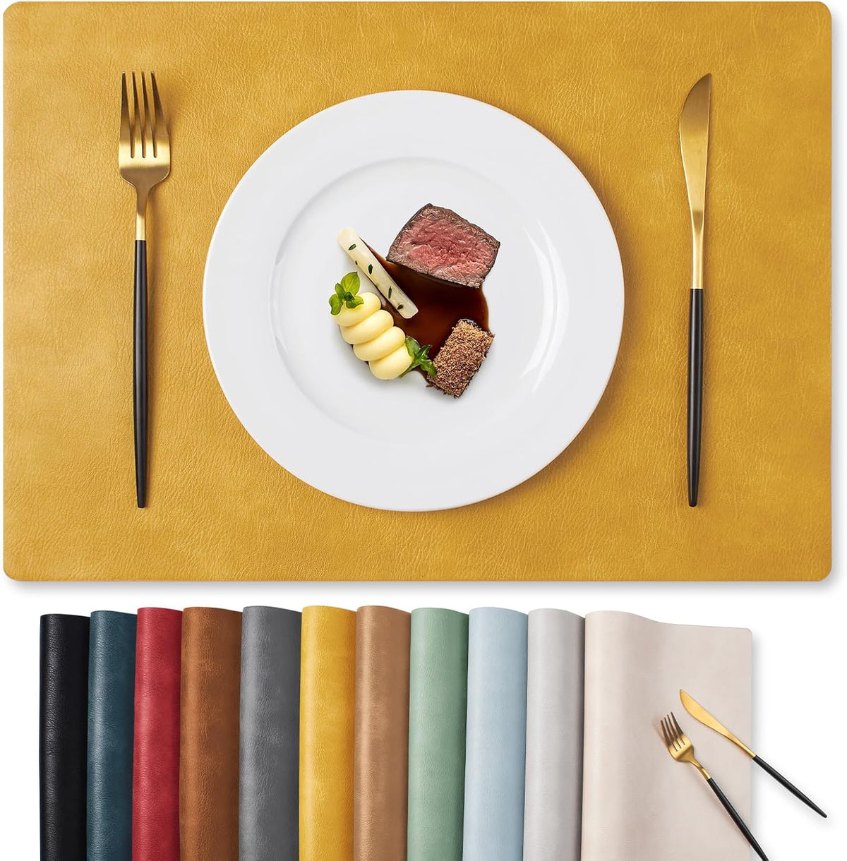MOSAYT Fall Vinyl Faux Leather Placemats, Set of 6, Reddish Brown | Heat Resistant Table Place Mats, Waterproof Oil-proof, Non Slip, Wipeable, Reversible, For Kitchen, Dining, Party, 17x12