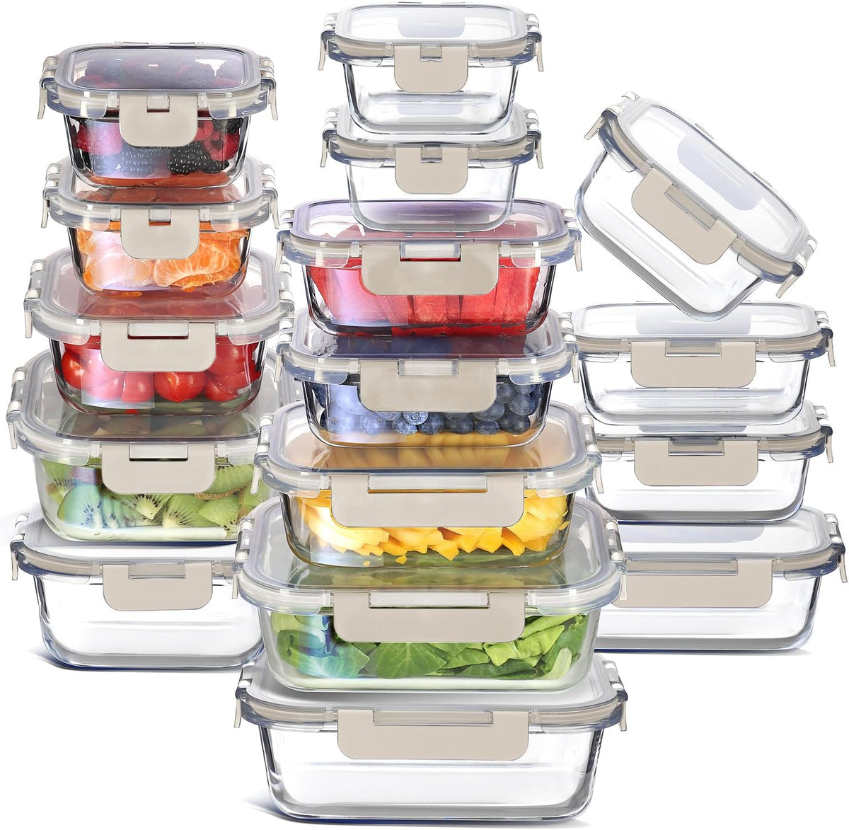 EATEX 16pc Glass Storage Containers with Lids, 8 Glass Food Storage Containers with 8 Airtight Lids for Pantry & Kitchen, Meal Prep Containers for Lunch, Oven Freezer Microwave & Dishwasher Safe