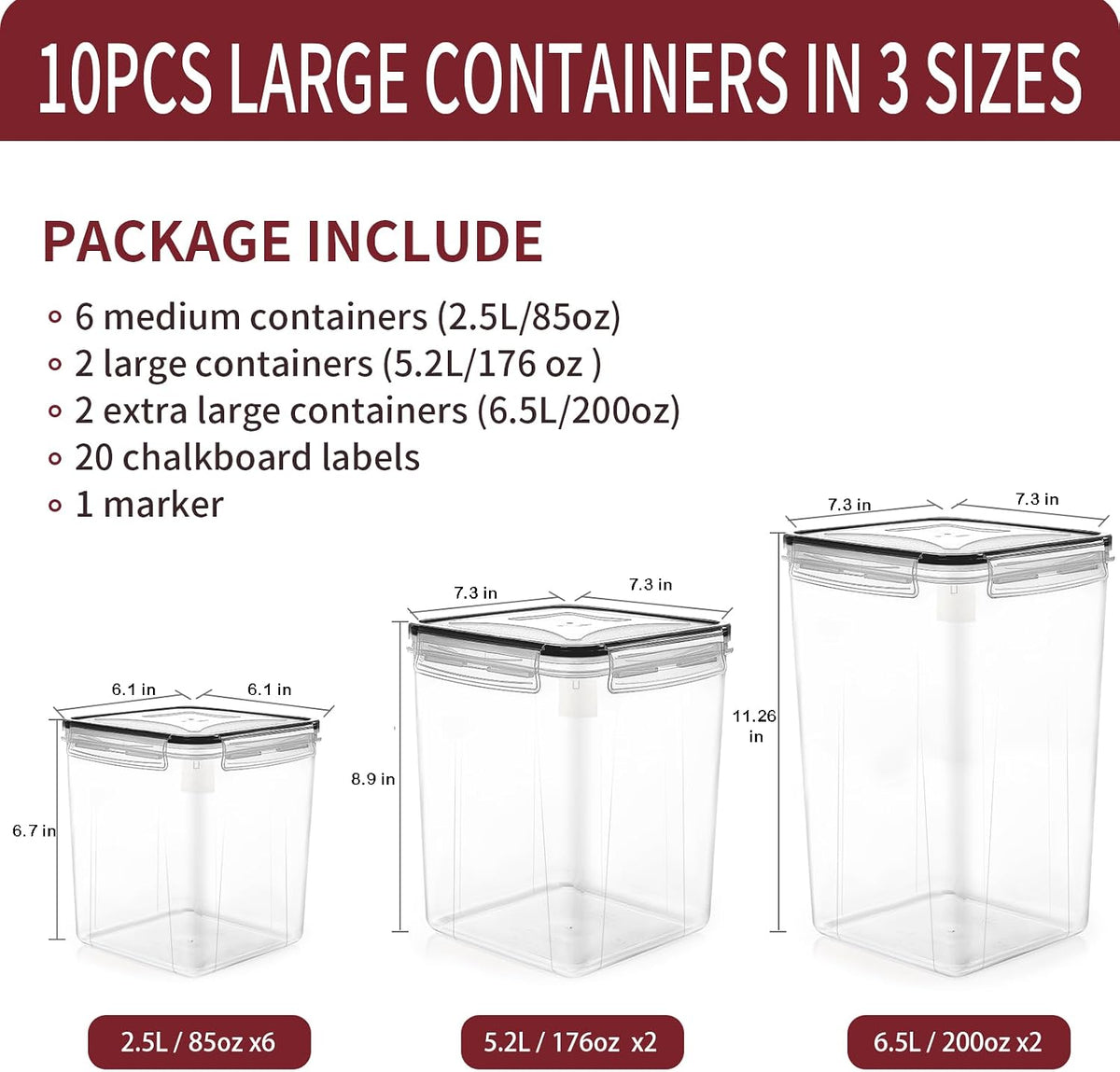 PRAKI 10 PCS Flour Sugar Storage Containers for Organizers and Storage | BPA Free, Airtight Food Storage Containers with Lids for Sugar, Flour, Baking Supplies, Versatile Kitchen Containers, Black