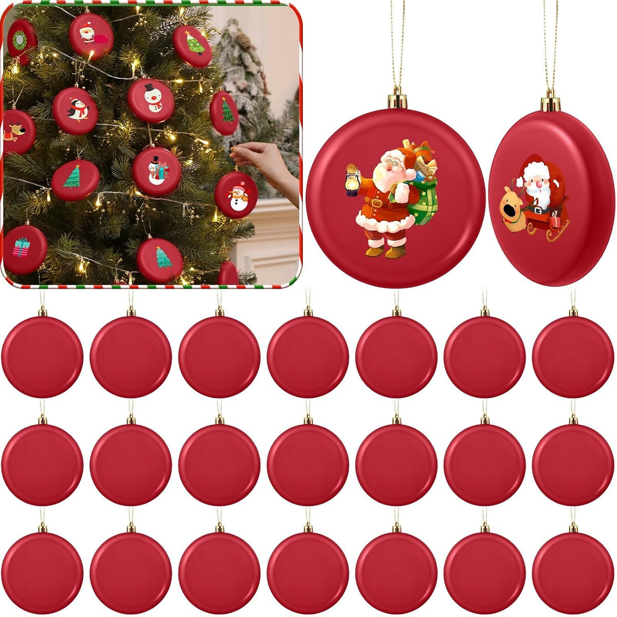 48 Pcs 3.15 Inch Red Christmas Ornaments Blank Flat Discs Ball | Matte Surface for Painting Stickers Decals, Xmas Tree Hanging Decorations, DIY Crafts Projects, Shatterproof