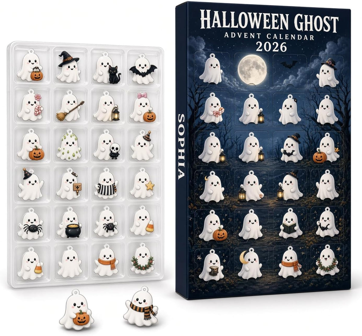 Halloween Advent Calendar 2026, Dark Goth Graveyard Countdown | 24 compartments, 3 mm acrylic or wood charms, UV printed, hanging strings, reusable countdown box