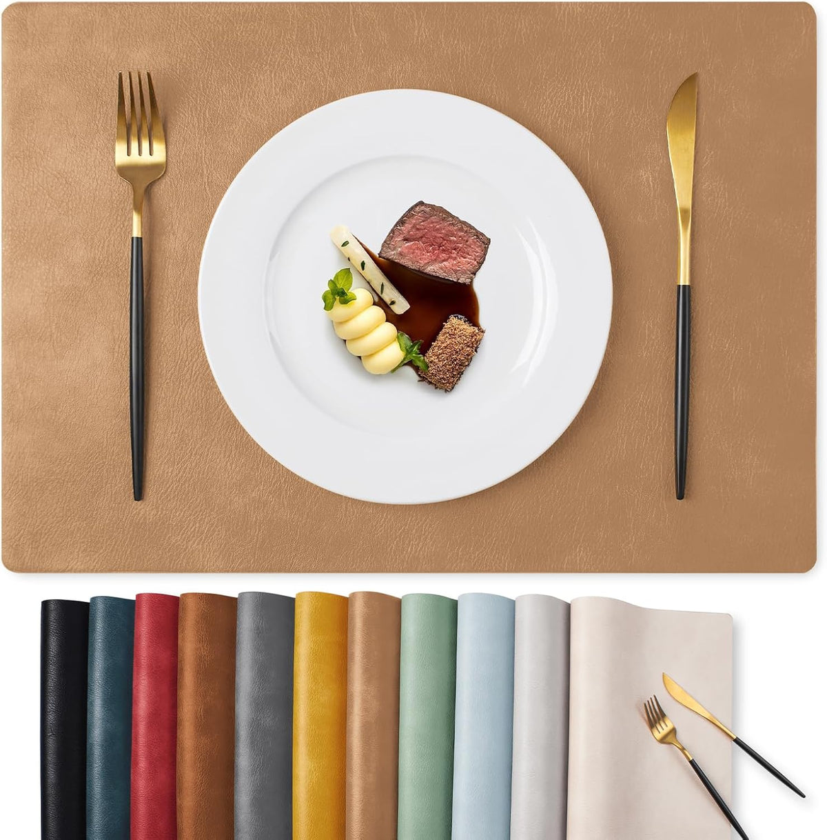MOSAYT Fall Vinyl Faux Leather Placemats, Set of 6, Reddish Brown | Heat Resistant Table Place Mats, Waterproof Oil-proof, Non Slip, Wipeable, Reversible, For Kitchen, Dining, Party, 17x12