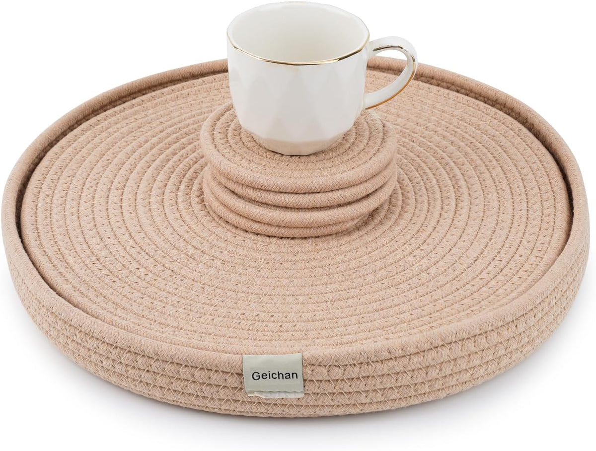 9 Piece Woven Cotton Rope Placemats, Coasters & Holder,White | 13 inch round table mats, thick woven cotton rope, machine washable,natural heat resistant place mats, storage holder