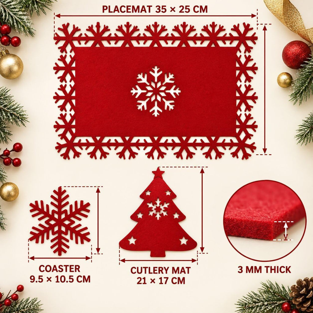 24 Pcs Red and Green Christmas Felt Place Mats and Coasters Set | Snowflake Table Mats with Laser Cut Design, Heat Resistant Non Slip Dining Table Decor for Winter Holiday Dinner Party