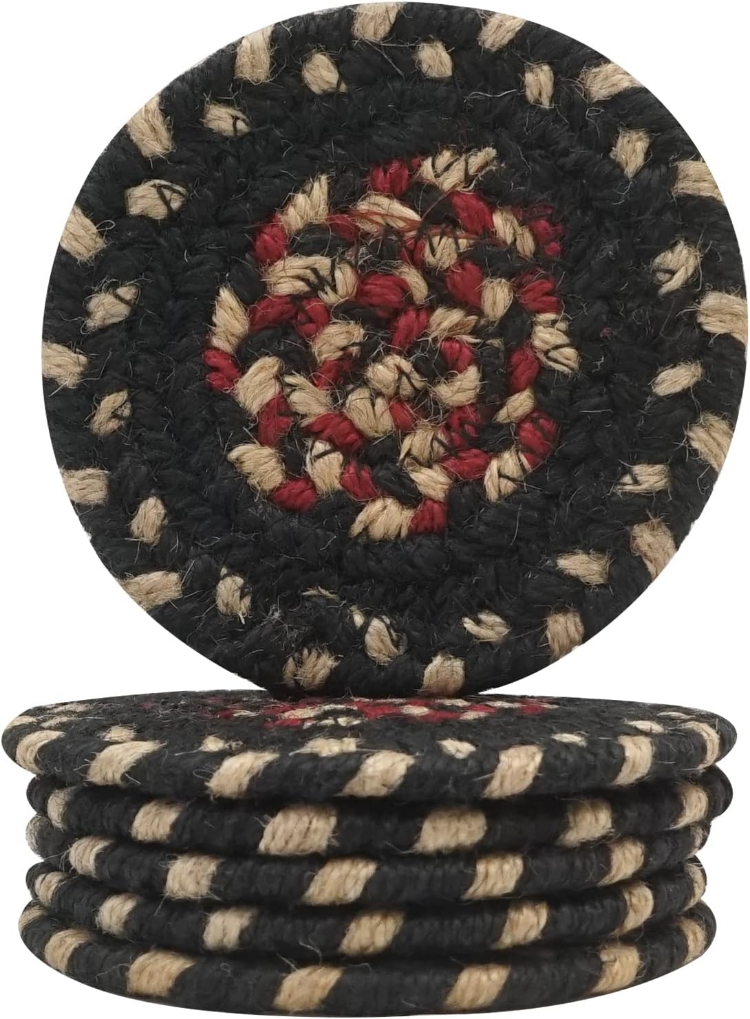 Homespice Apple Pie Braided Coasters for Country Decor, Round 4 Set of 6 | Red Absorbent Drink Coasters for Tabletop, Absorbs Moisture, Rich Colors, Durable and Easy to Clean