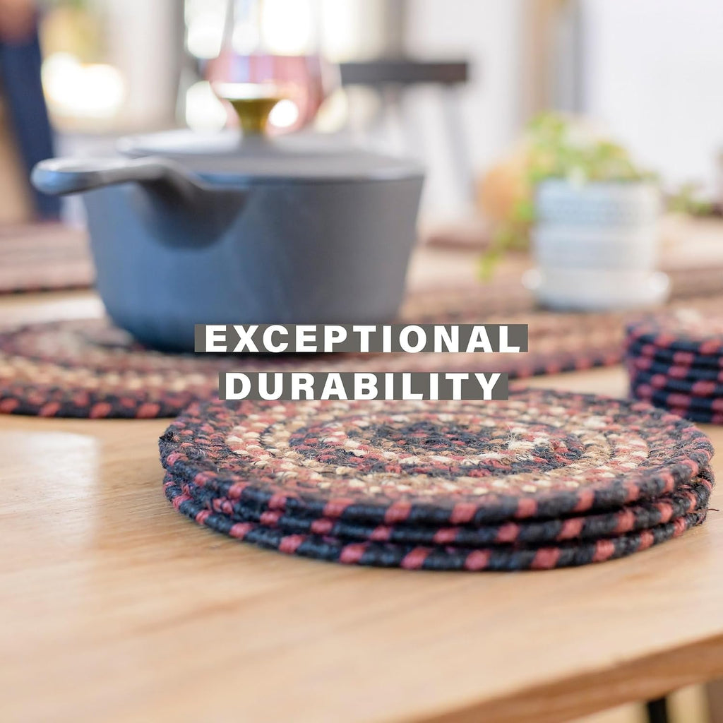 Homespice Apple Pie Braided Coasters for Country Decor, Round 4 Set of 6 | Red Absorbent Drink Coasters for Tabletop, Absorbs Moisture, Rich Colors, Durable and Easy to Clean