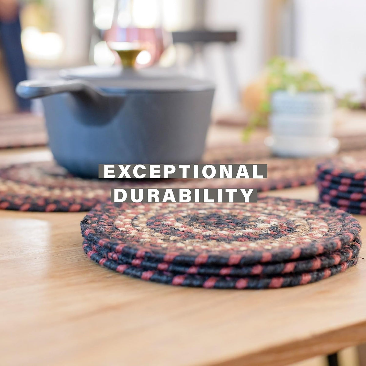 Homespice Apple Pie Braided Coasters for Country Decor, Round 4 Set of 6 | Red Absorbent Drink Coasters for Tabletop, Absorbs Moisture, Rich Colors, Durable and Easy to Clean