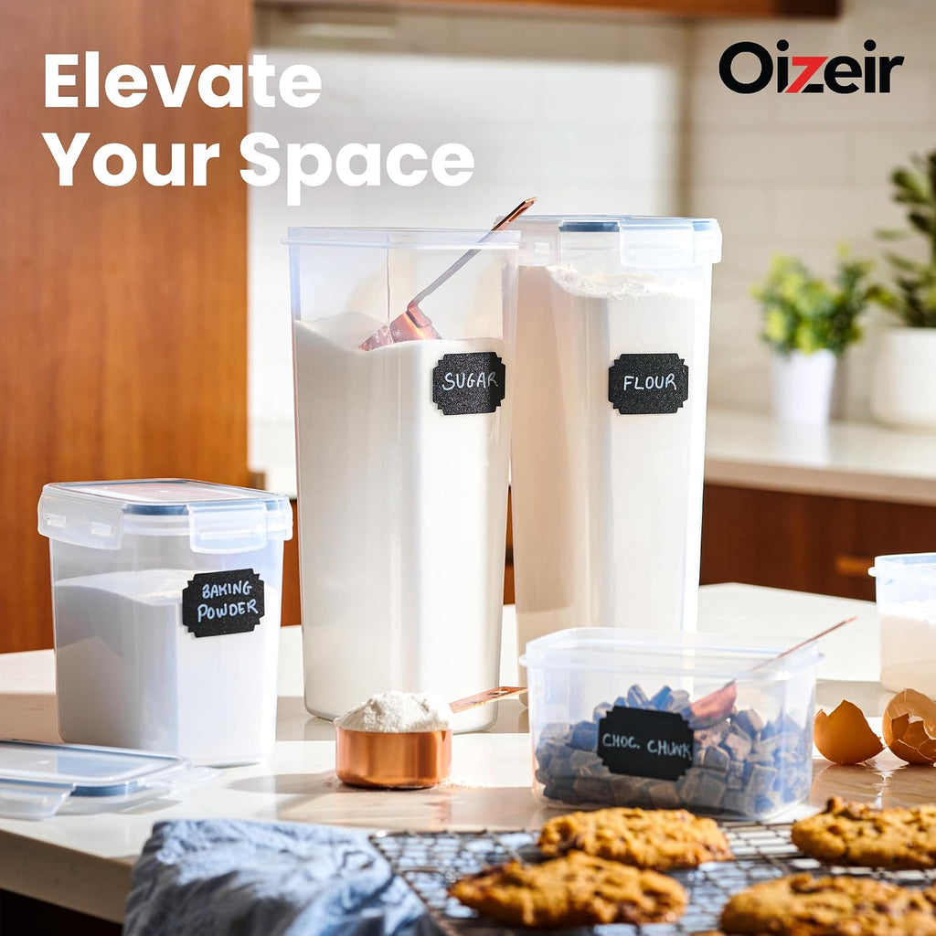 Oizeir Airtight Food Storage Containers with Lids 24-Pack, Pantry Kitchen | BPA-Free Airtight Plastic Food Containers, Snap Lids for Pantry Kitchen, Flour Sugar Rice Cereal Pasta, Clear