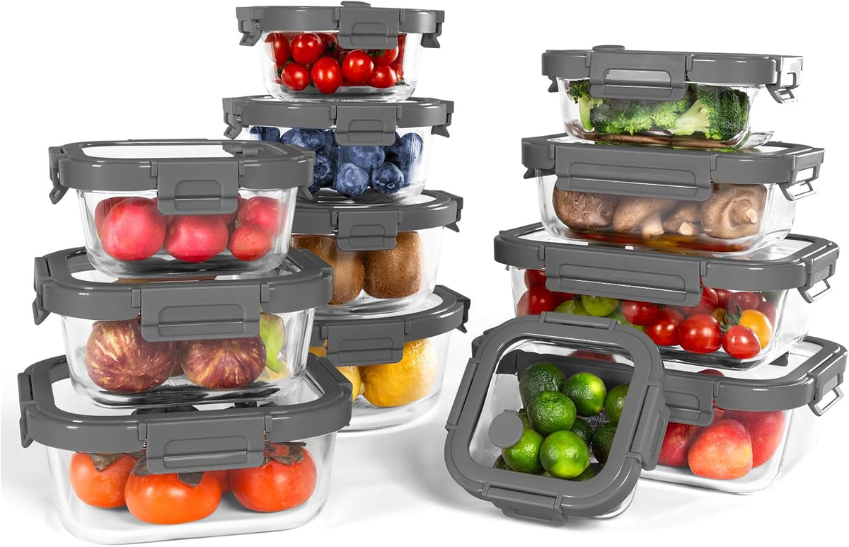 BOROHOUSE 10-Pack Glass Food Storage Containers with Tempered Glass Lids – Borosilicate, Airtight, Oven-Safe (-4°F~950°F), BPA-Free, 4.4 & 1.6 Cup, Leak-Proof, Dishwasher Safe (Gray)