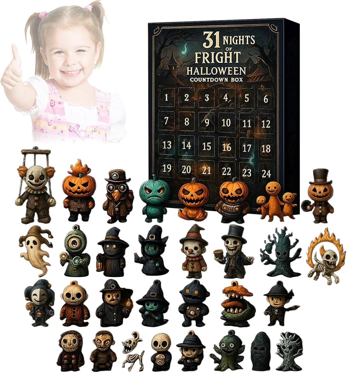 31-day Halloween countdown calendar grid horror suspense blind box gift set | 31 Grids Horror Mystery Blind Box Gift Set - 31 Unique 3D PVC Decorations for Halloween Party, Birthday, Prize, Rewards