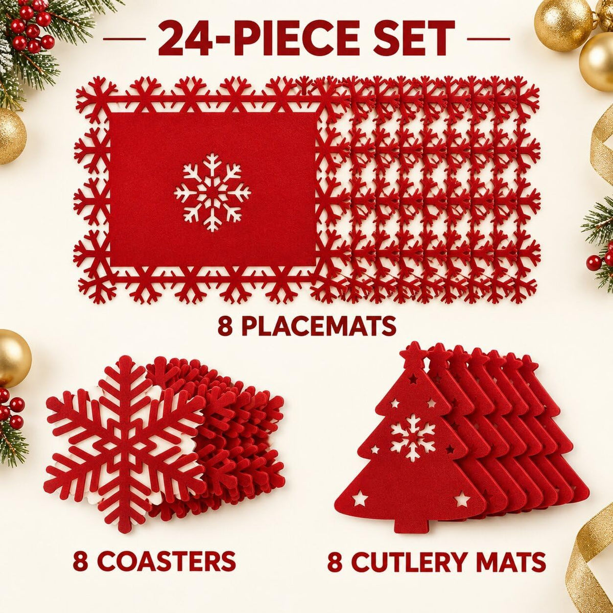 24 Pcs Red and Green Christmas Felt Place Mats and Coasters Set | Snowflake Table Mats with Laser Cut Design, Heat Resistant Non Slip Dining Table Decor for Winter Holiday Dinner Party