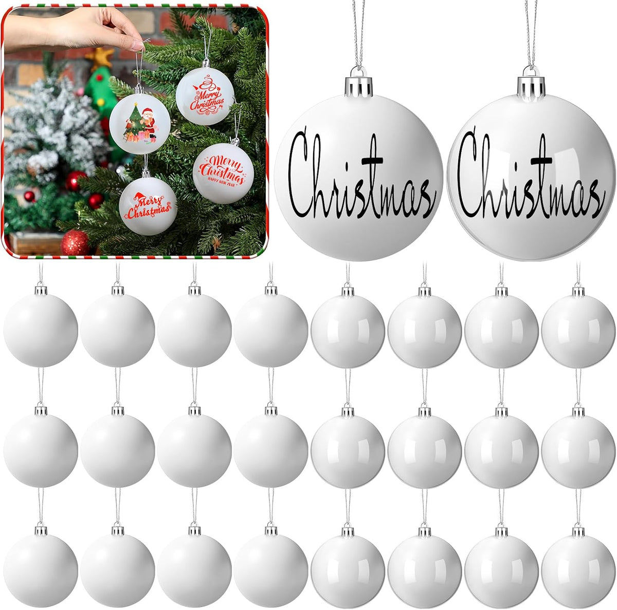 Wettarn 48 Pcs 2.36 Inch Christmas White Ball Ornaments with Lid Rope | Matte and Shiny Blank Ornaments Set, Shatterproof Plastic Safe, Xmas Tree Decoration, DIY Crafts Holiday Party Decoration