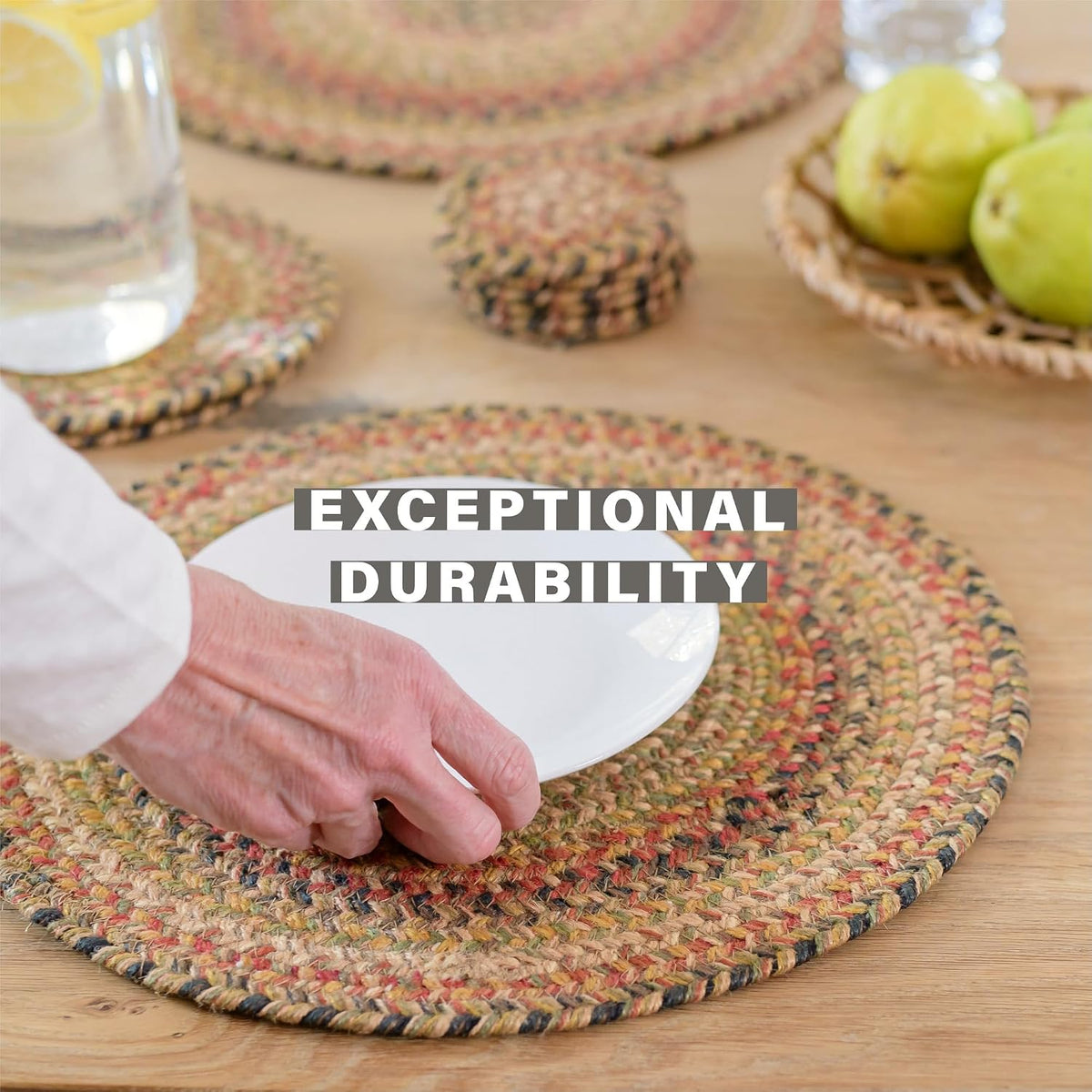 Homespice Apple Pie Braided Coasters for Country Decor, Round 4 Set of 6 | Red Absorbent Drink Coasters for Tabletop, Absorbs Moisture, Rich Colors, Durable and Easy to Clean