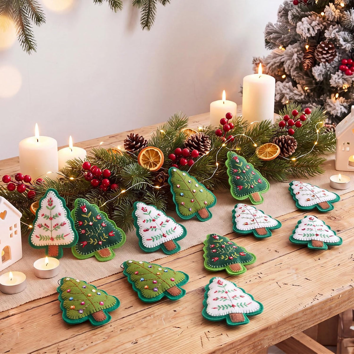 12 Pcs Embroidered Felt Christmas Star Snowflake 3D Ornaments Bulk | 5.5 Inches, Embroidered Soft Texture, Red and Green, for Xmas Hanging Ornaments, Winter Holiday Favors, Swedish Nordic Decors