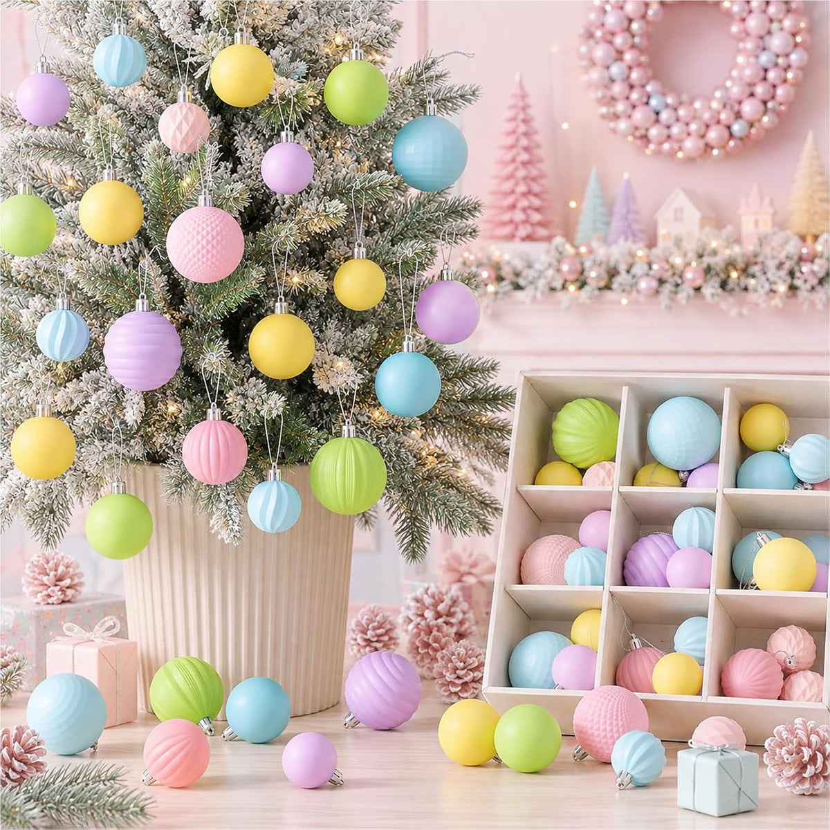 64 Pcs Neutral Christmas Ball Ornaments Brown Green White Xmas Bulbs | 1.57/1.97/2.36 Inch, Shatterproof Xmas Baubles, Assorted Size Modern Christmas Decoration, for Tree Home Indoor Holiday Decor