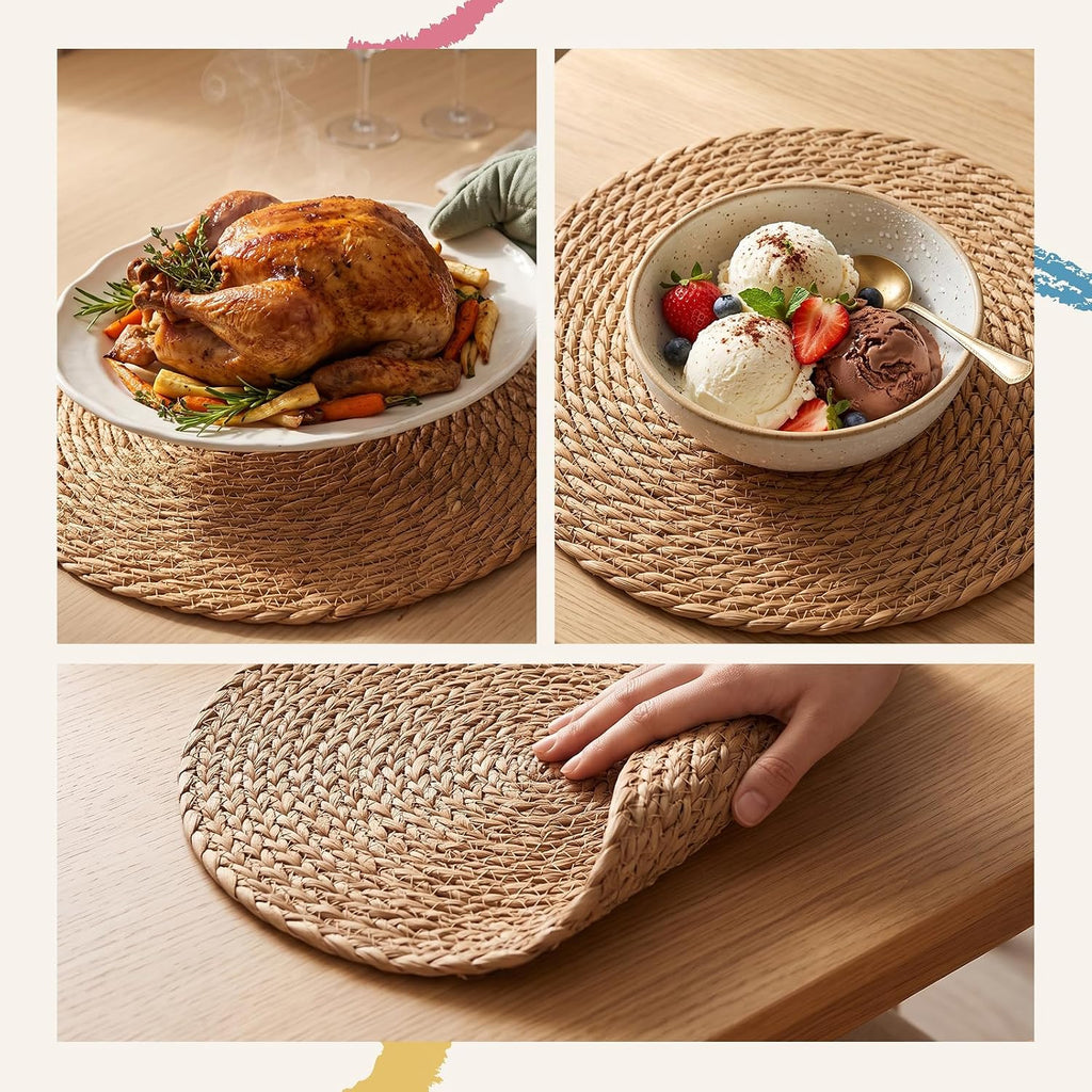 24 Pcs Woven Placemats - PAWFFEWE 13 in Round Natural Water Hyacinth Place Mats Coasters, Farmhouse Boho Straw Heat Resistant Outdoor Patio Rattan Wicker Table Mats for Dining Table,Home,Wedding