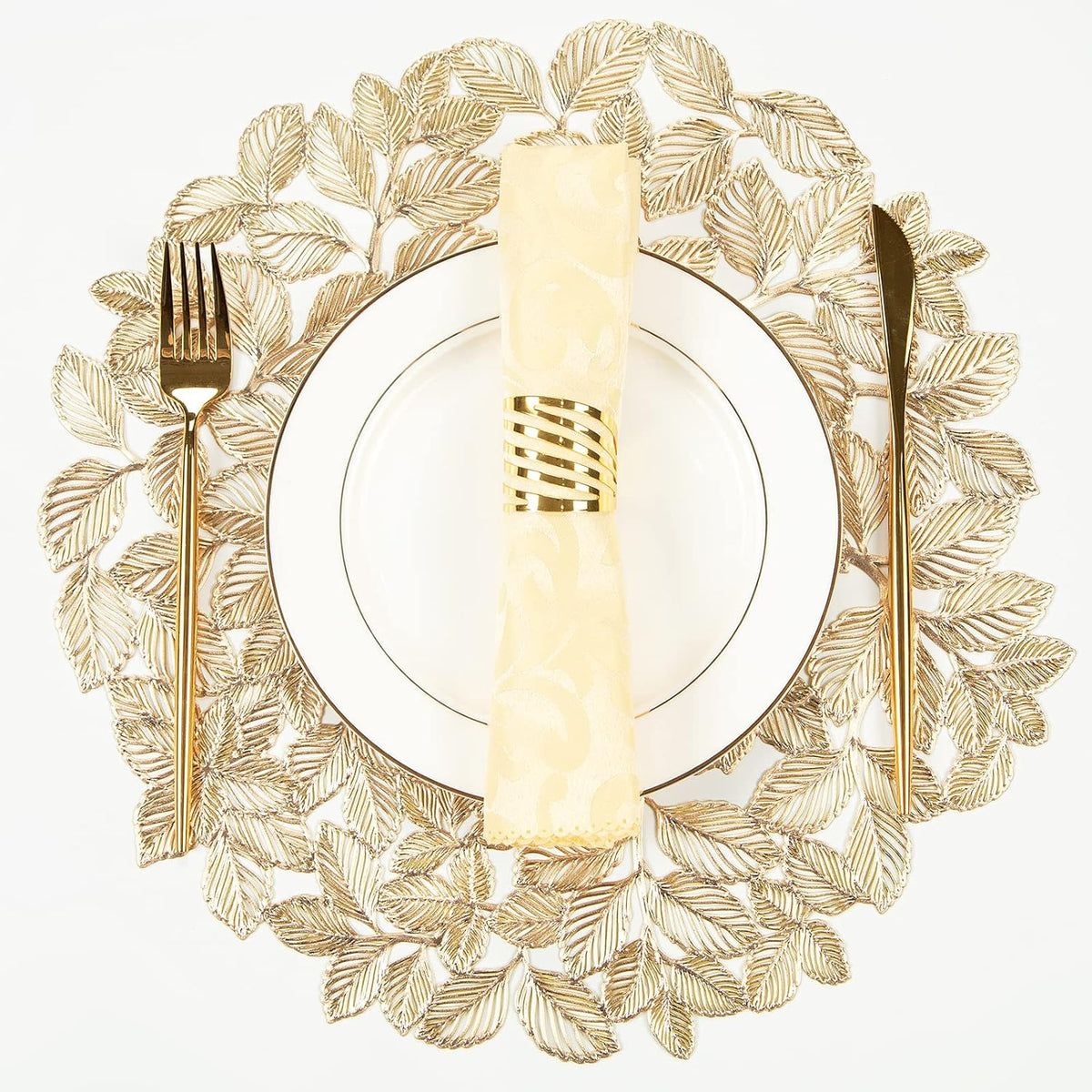 Crisjanggo Silver Placemats Set of 8 Round Leaf Table Place Mats | Pressed Vinyl Dining Table Mats Non-Slip Wipeable Washable for Dinner,Party,Home Decoration Wedding Accent Centerpiece