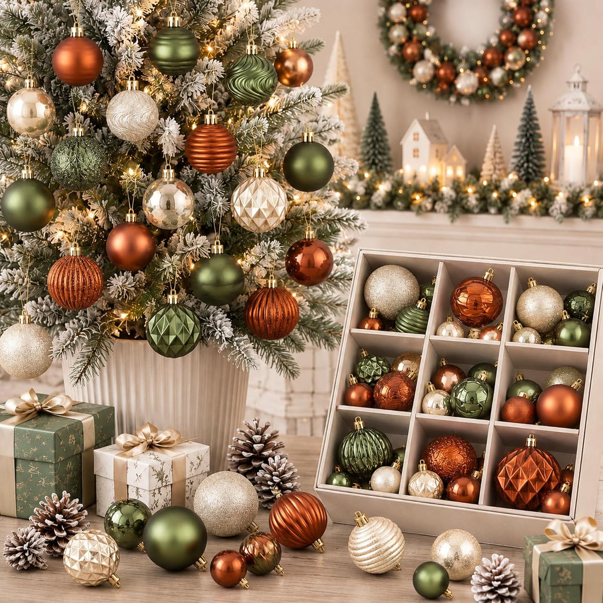 64 Pcs Neutral Christmas Ball Ornaments Brown Green White Xmas Bulbs | 1.57/1.97/2.36 Inch, Shatterproof Xmas Baubles, Assorted Size Modern Christmas Decoration, for Tree Home Indoor Holiday Decor