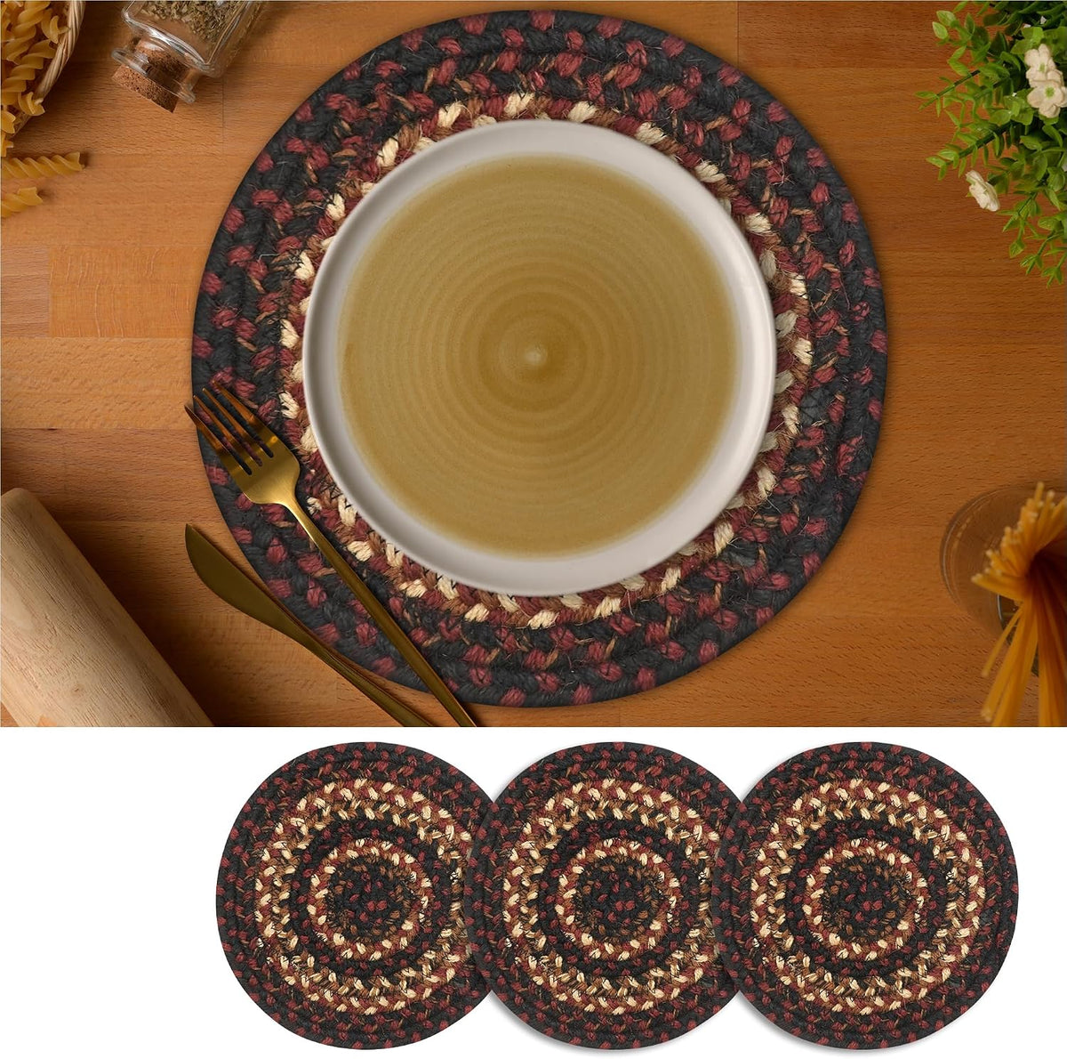 Homespice Apple Pie Braided Coasters for Country Decor, Round 4 Set of 6 | Red Absorbent Drink Coasters for Tabletop, Absorbs Moisture, Rich Colors, Durable and Easy to Clean