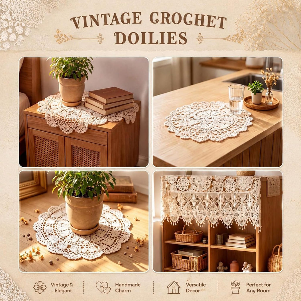 Irenare 24 Pcs Hand Crochet Lace Doilies Set 3 to 10 Inch Cotton Lace Doilies Vintage Round Floral Table Decor Placemats Coasters for Wedding Bridal Shower Boho Farmhouse Decoration