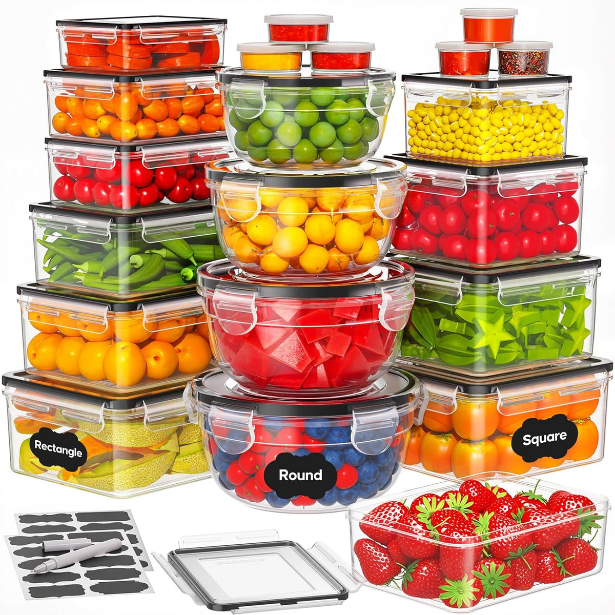 42 PCS Food Storage Containers with Lids Reusable (21 Containers & 21 Lids) | Plastic Food Containers for Kitchen Storage and Organization BPA-Free Leakproof Meal Prep Container with Labels & Pen