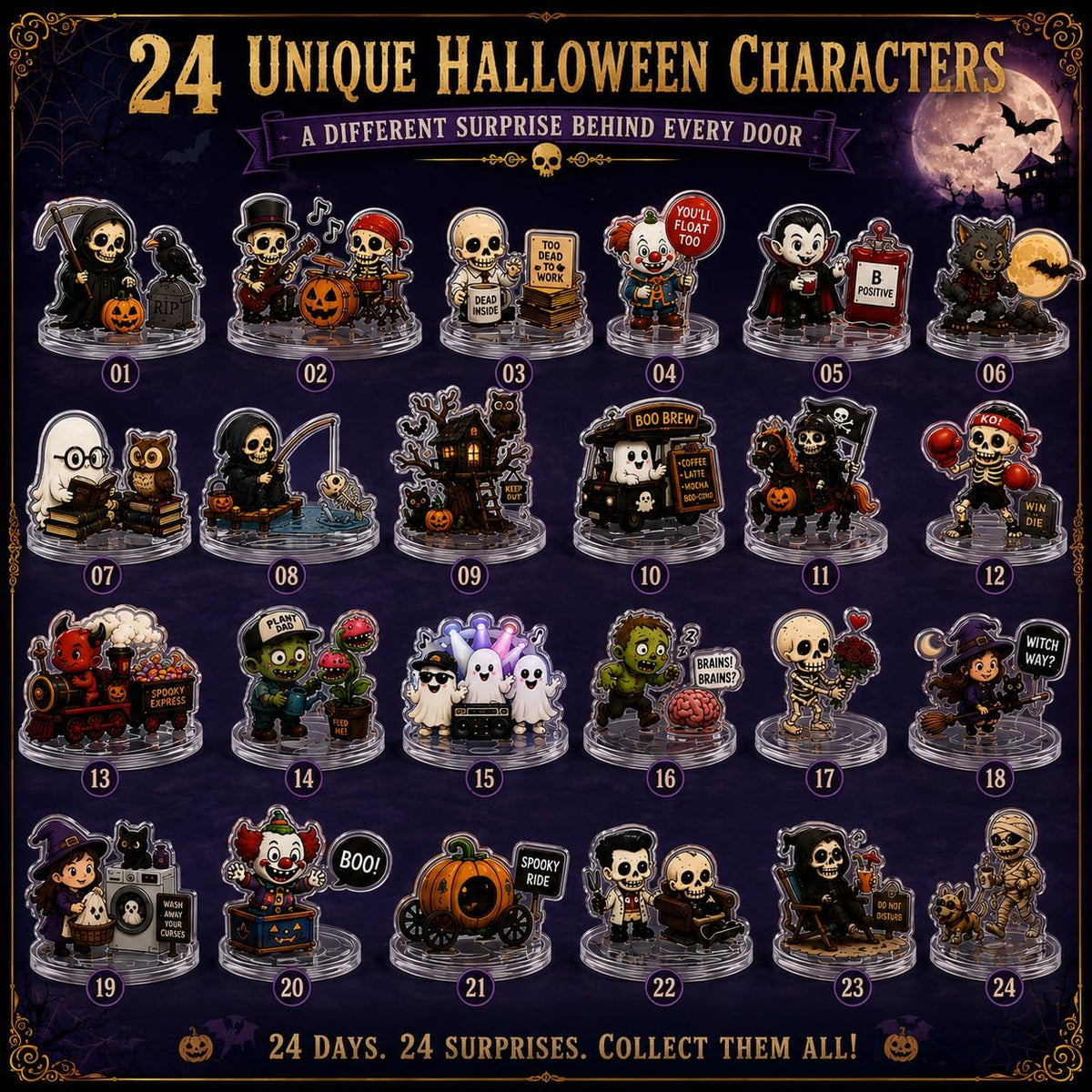 Halloween Advent Calendar 2026, 24-Day Countdown with 24 Acrylic Standees | Halloween Advent Calendar Halloween Countdown 24 Daily Surprises Halloween Collectibles Spooky Home Decor