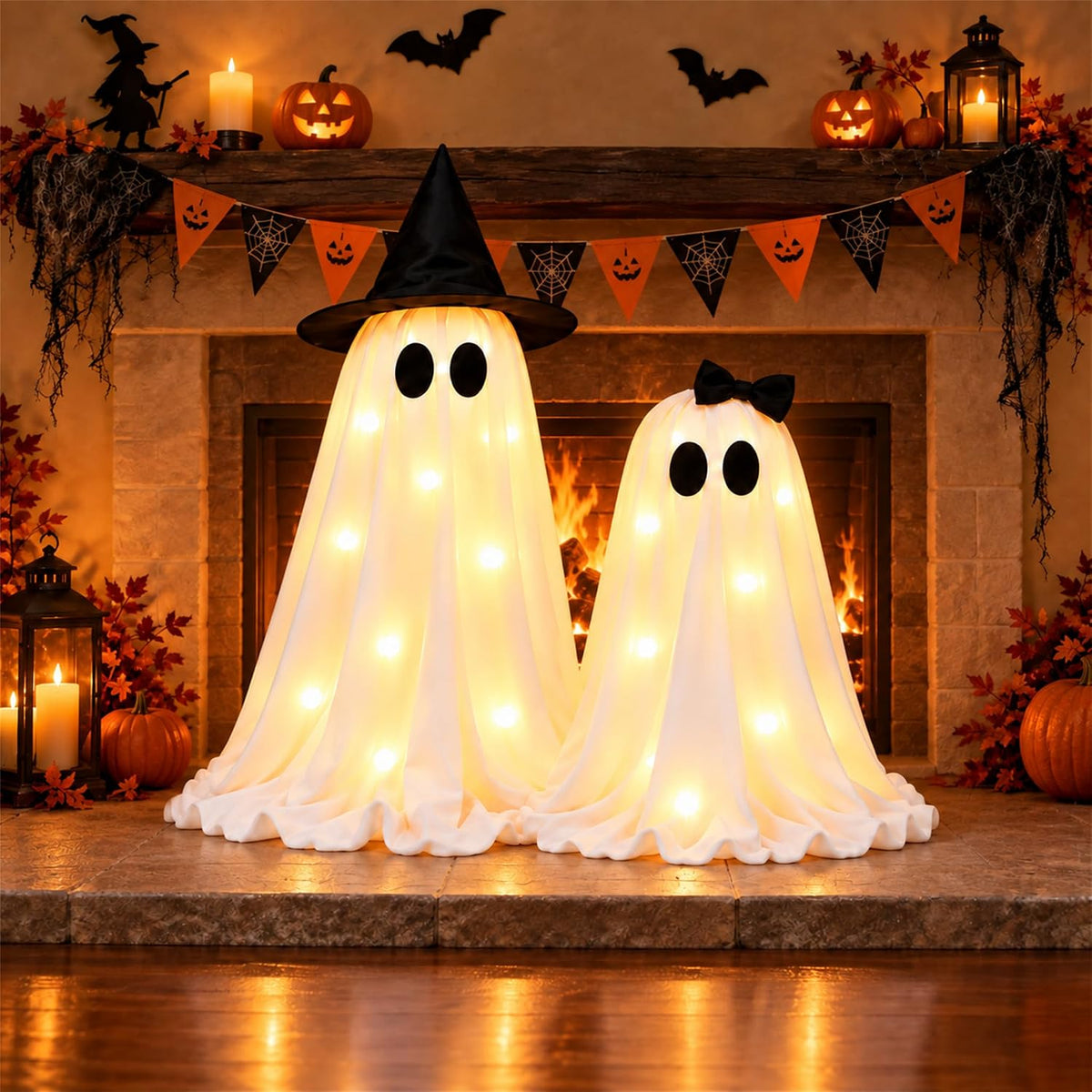 Halloween Ghost Decor, DIY 2 Pack Cute Light Up Ghosts, 8 Lighting Modes | Battery Operated Ghosts with Black & Purple Witch Hats and Adjustable Height for Mantel, Tabletop, Indoor and Covered Porch