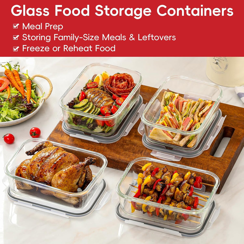 Snuvid 4 Pack 8 Cups/ 63oz Large Glass Storage Containers with Lids, Meal Prep Containers, Glass Food Storage with Airtight Lid for Baking, Leak Proof & Microwave, Oven Safe (4 Containers + 4 Lids)