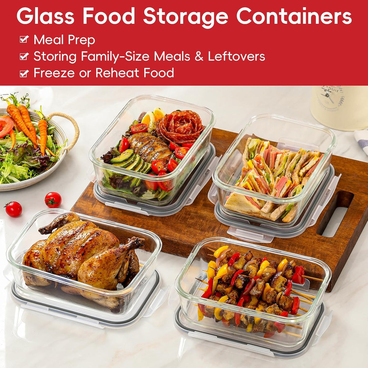 Snuvid 4 Pack 8 Cups/ 63oz Large Glass Storage Containers with Lids, Meal Prep Containers, Glass Food Storage with Airtight Lid for Baking, Leak Proof & Microwave, Oven Safe (4 Containers + 4 Lids)