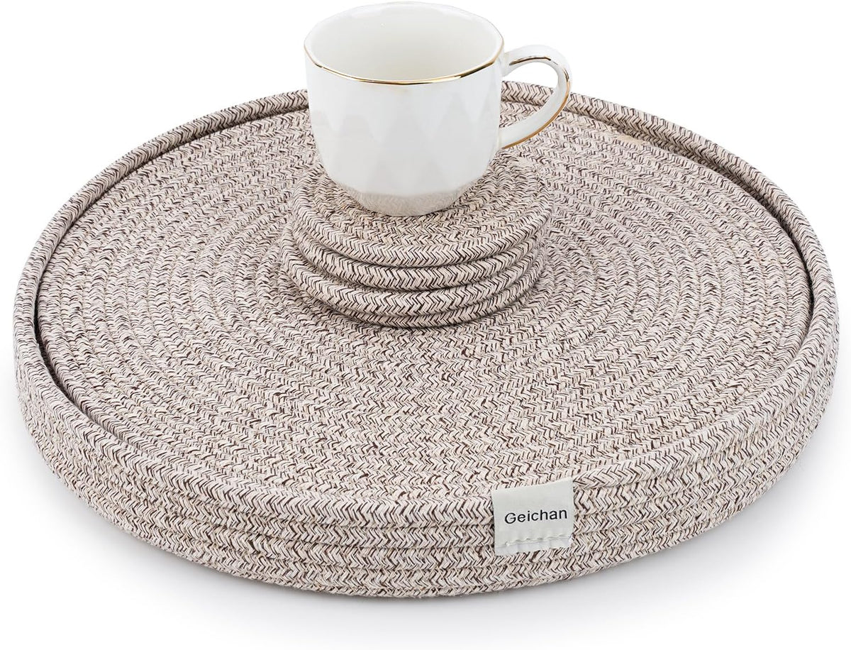 9 Piece Woven Cotton Rope Placemats, Coasters & Holder,White | 13 inch round table mats, thick woven cotton rope, machine washable,natural heat resistant place mats, storage holder