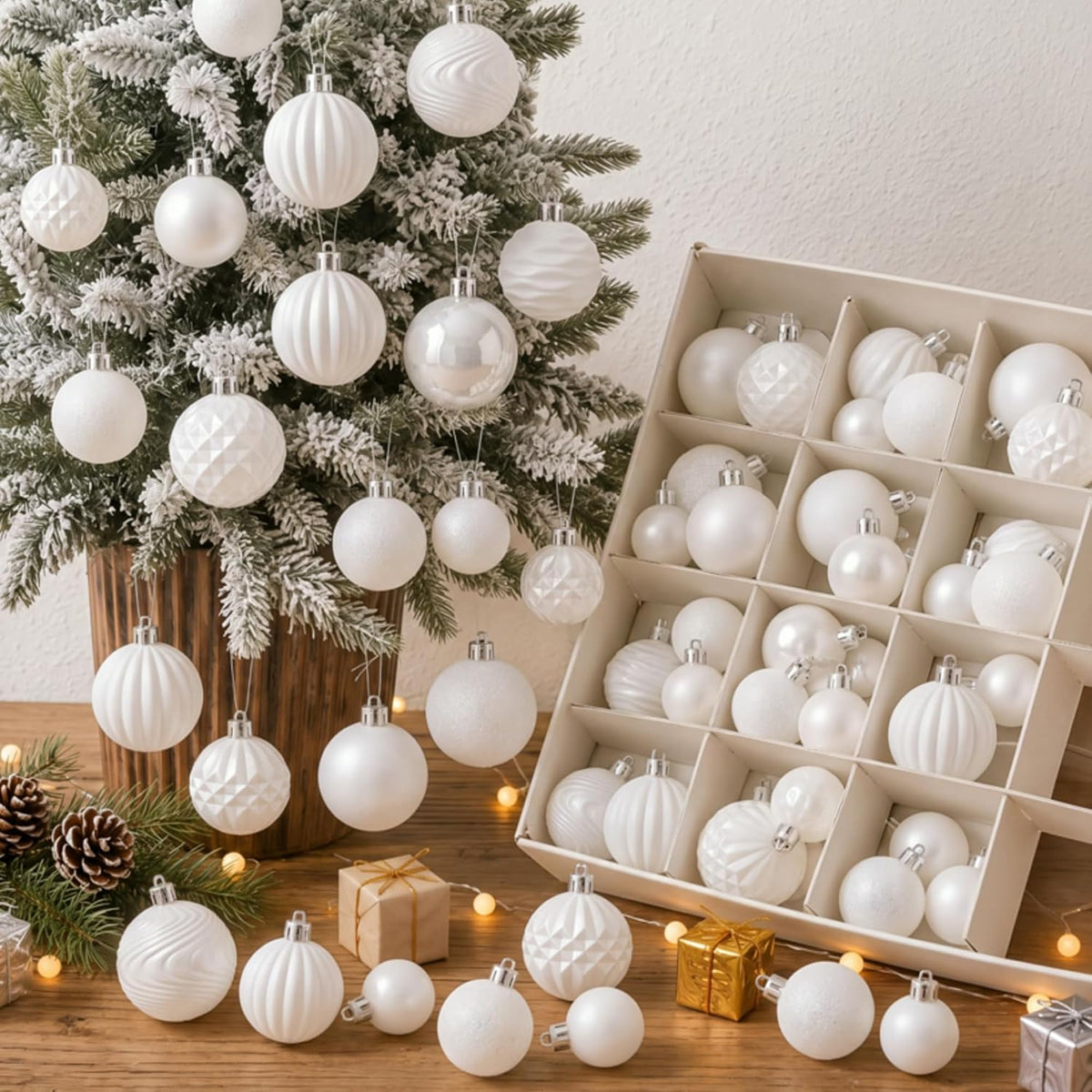 64 Pcs Neutral Christmas Ball Ornaments Brown Green White Xmas Bulbs | 1.57/1.97/2.36 Inch, Shatterproof Xmas Baubles, Assorted Size Modern Christmas Decoration, for Tree Home Indoor Holiday Decor