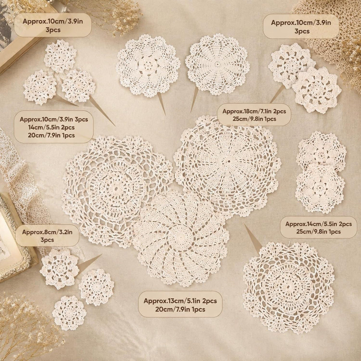 Irenare 24 Pcs Hand Crochet Lace Doilies Set 3 to 10 Inch Cotton Lace Doilies Vintage Round Floral Table Decor Placemats Coasters for Wedding Bridal Shower Boho Farmhouse Decoration