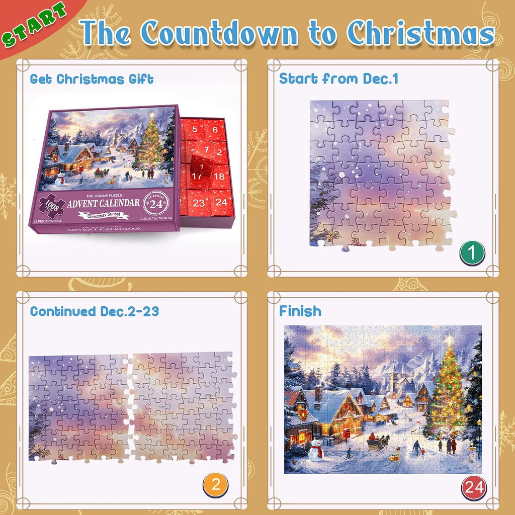 Puzzle Advent Calendar 2026 – 24 Days Christmas Countdown Jigsaw Puzzle | 1008-Piece with 42 Pieces Per Day | Includes 1:1 Poster | Holiday Gift for Teens Adults | 19.7 x 27.6 Inches