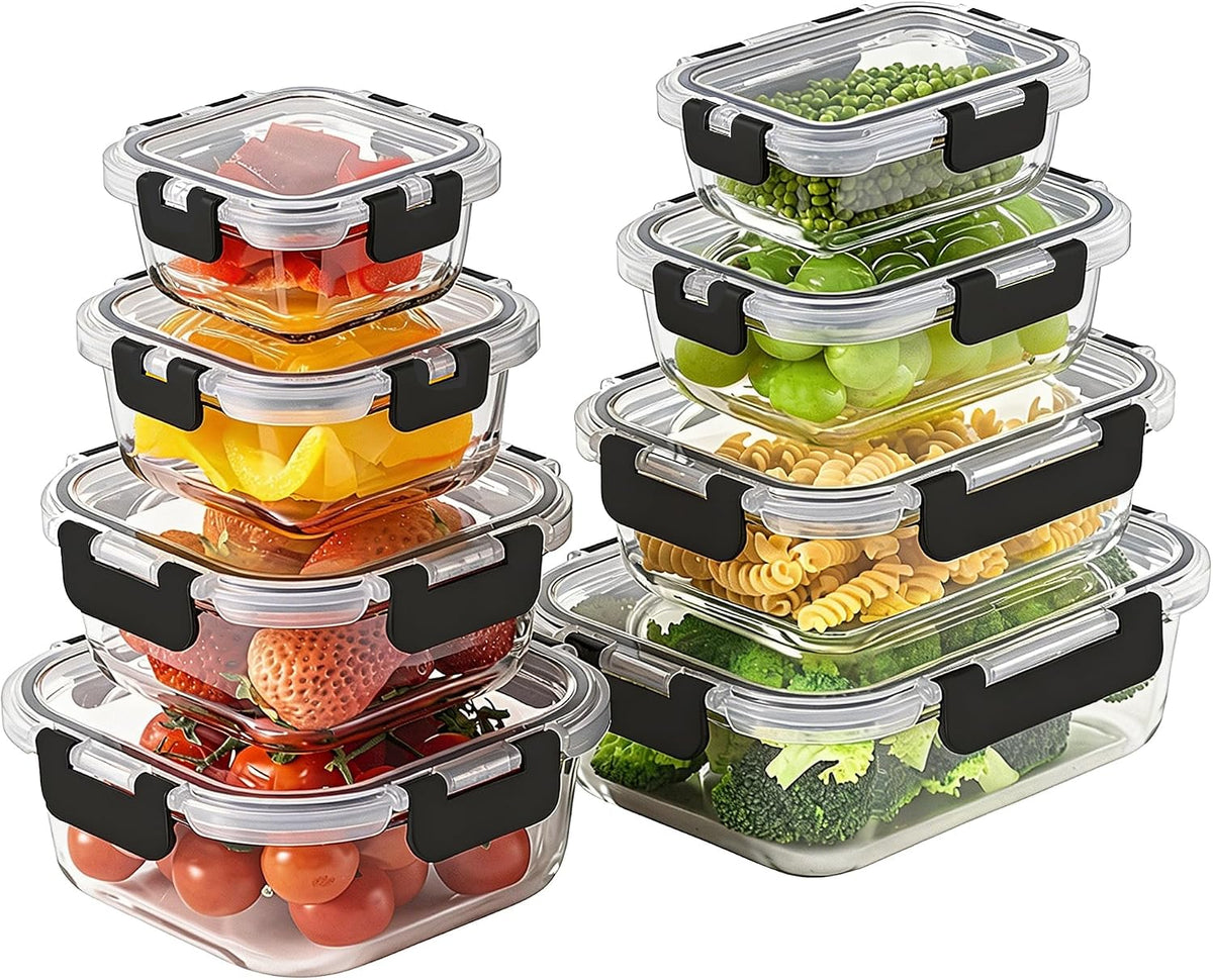 8 Pack Glass Food Storage Containers with Snap Locking Lids for Meal Prep | Borosilicate Glass Meal Prep Containers, Lunch Bento Boxes, BPA-Free, Dishwasher, Freezer, Oven Safe, Leak proof-Black