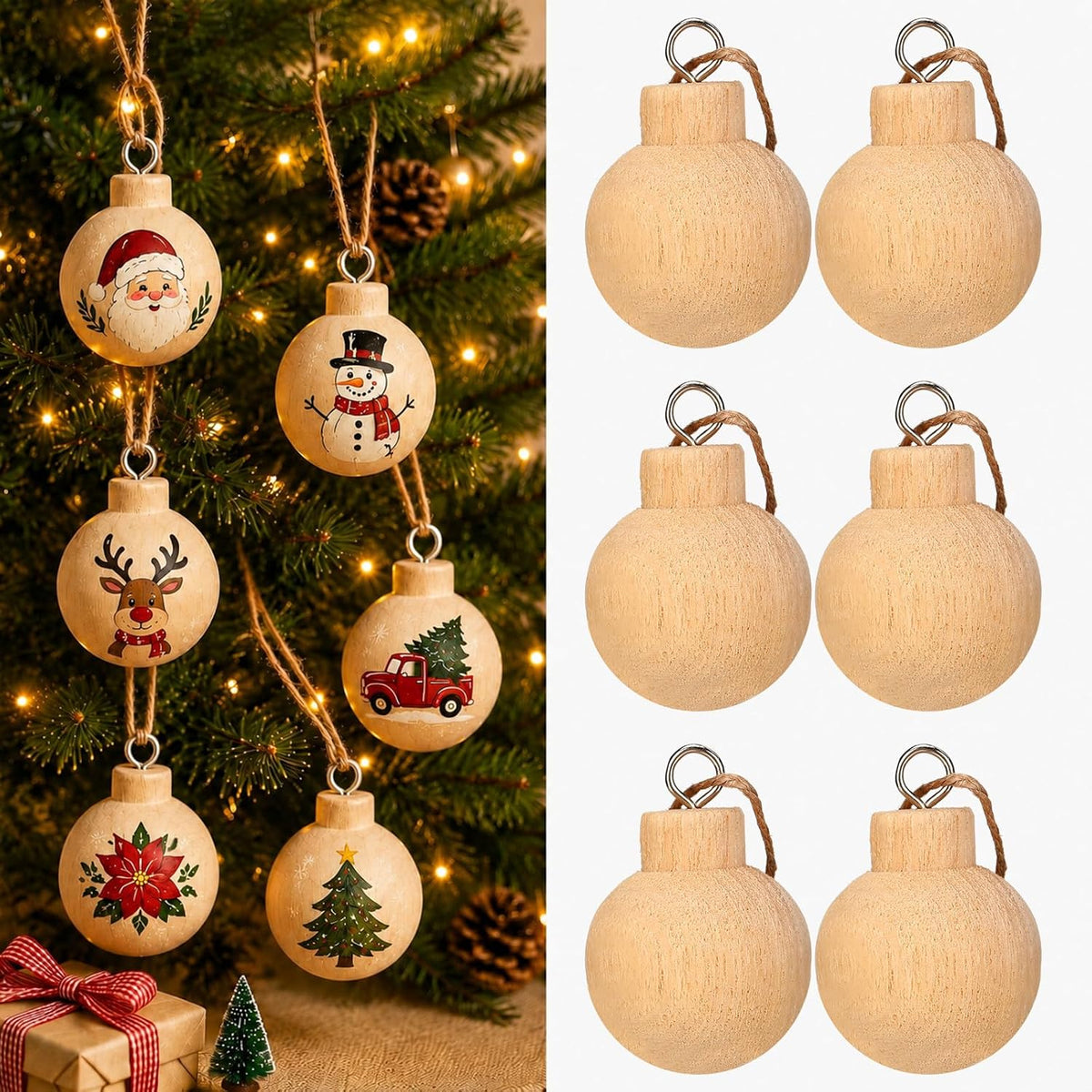 Hiboom 12 Pcs Unfinished Christmas Ball Ornaments Paulownia Wood 2.4in | Blank Ball Ornament for Christmas Tree, DIY Paintable Ball Decoration for Hanging, Natural Round, for Craft Art Holiday Party