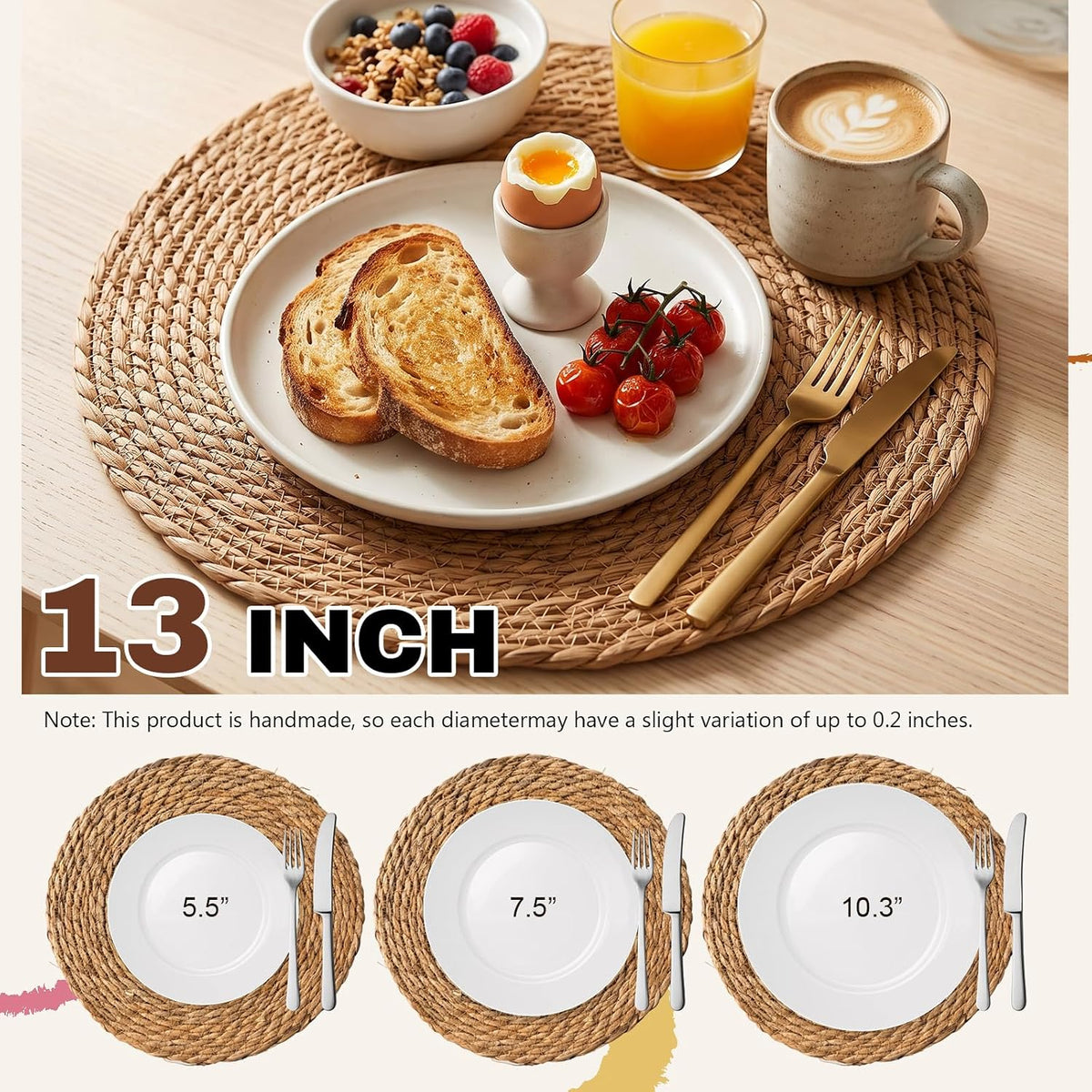 24 Pcs Woven Placemats - PAWFFEWE 13 in Round Natural Water Hyacinth Place Mats Coasters, Farmhouse Boho Straw Heat Resistant Outdoor Patio Rattan Wicker Table Mats for Dining Table,Home,Wedding