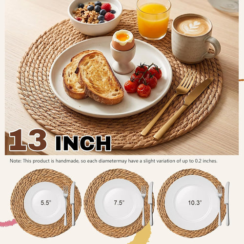 24 Pcs Woven Placemats - PAWFFEWE 13 in Round Natural Water Hyacinth Place Mats Coasters, Farmhouse Boho Straw Heat Resistant Outdoor Patio Rattan Wicker Table Mats for Dining Table,Home,Wedding