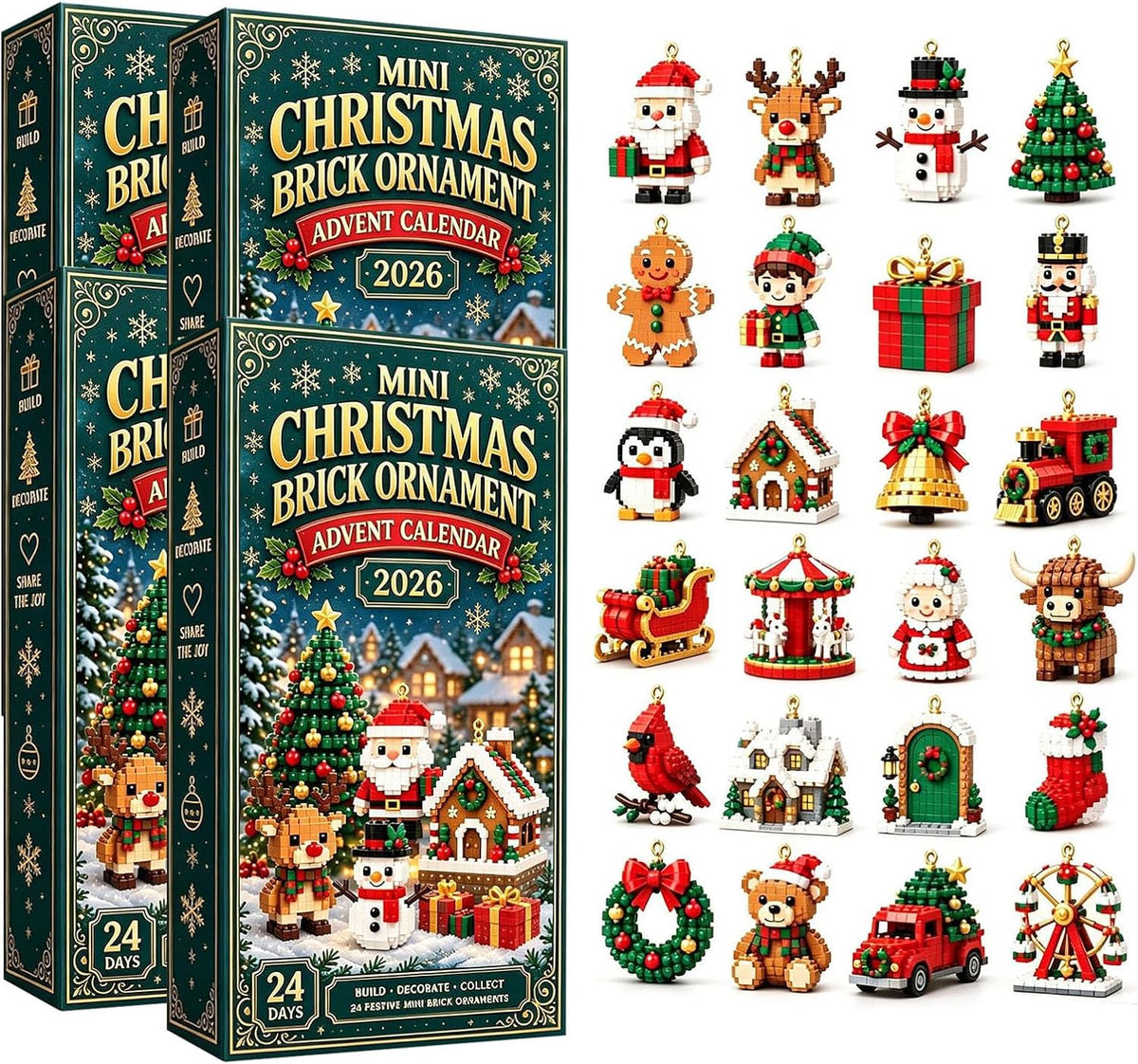 24-Day Mini Christmas Ornament Advent Calendar, 2D Acrylic Designs | Christmas Advent Calendar with Hanging Rope, Festive Hanging Decorations for Christmas Trees, Garlands & Mantels Display