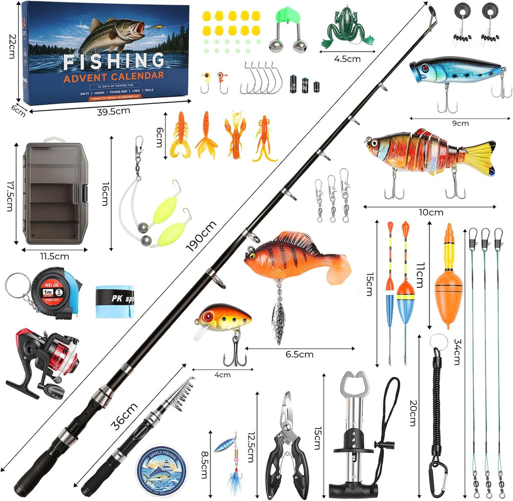 Fishing Advent Calendar 2026,24 Day Christmas Countdown Calendar for Adults,Fishing Gifts Set with Fishing Rod Cable Reel Lures Tackle Tackle Box,Xmas Gifts for Men Teens boys Anglers Fisherman