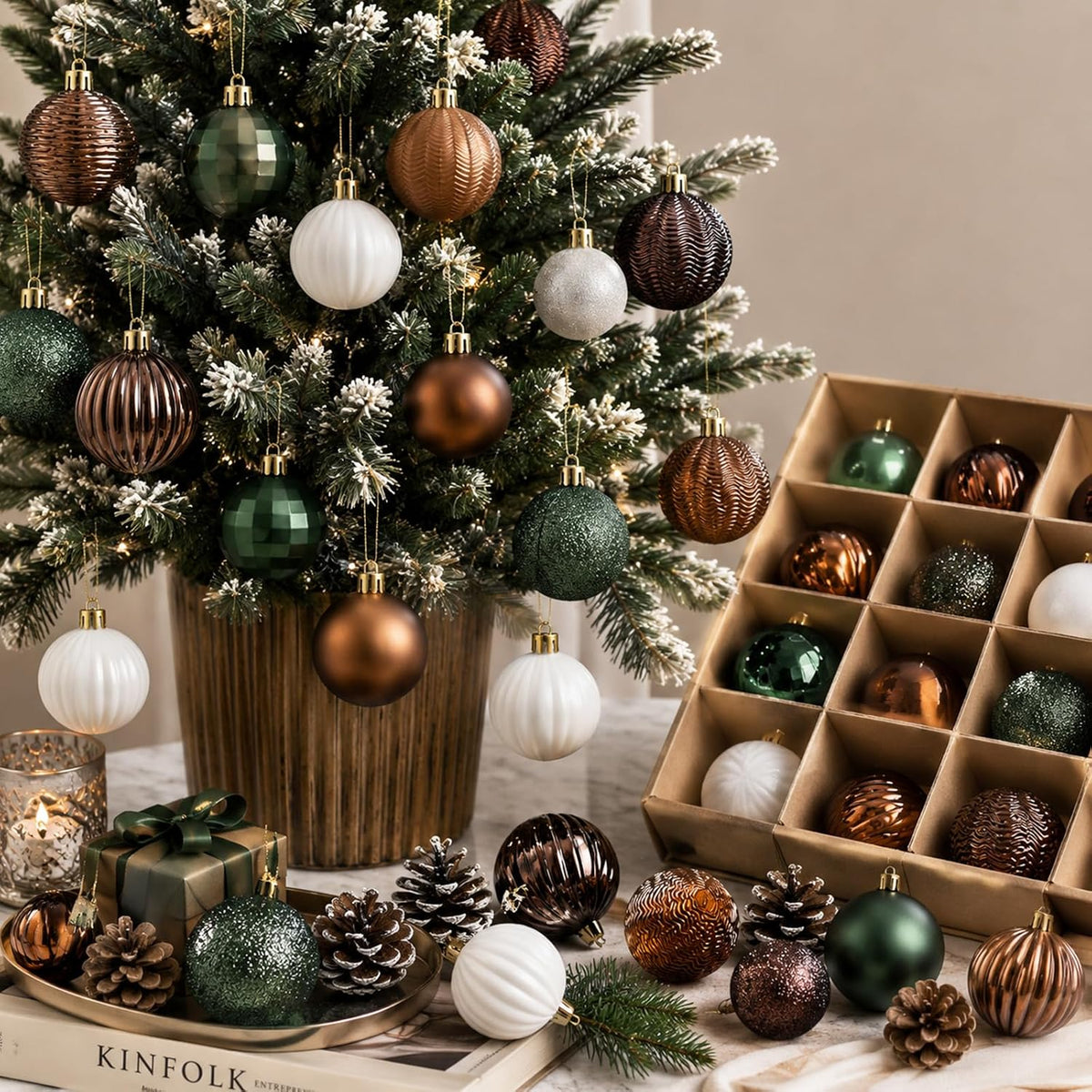 64 Pcs Neutral Christmas Ball Ornaments Brown Green White Xmas Bulbs | 1.57/1.97/2.36 Inch, Shatterproof Xmas Baubles, Assorted Size Modern Christmas Decoration, for Tree Home Indoor Holiday Decor