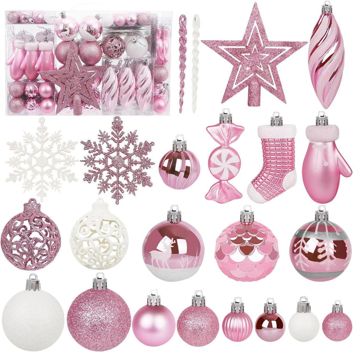 135 Pcs Christmas Ball Ornaments Set, Pre-Tied Shatterproof Plastic Assorted Christmas Balls for Xmas Tree Hanging Decorations Festival Party Holiday Decor (Pink)