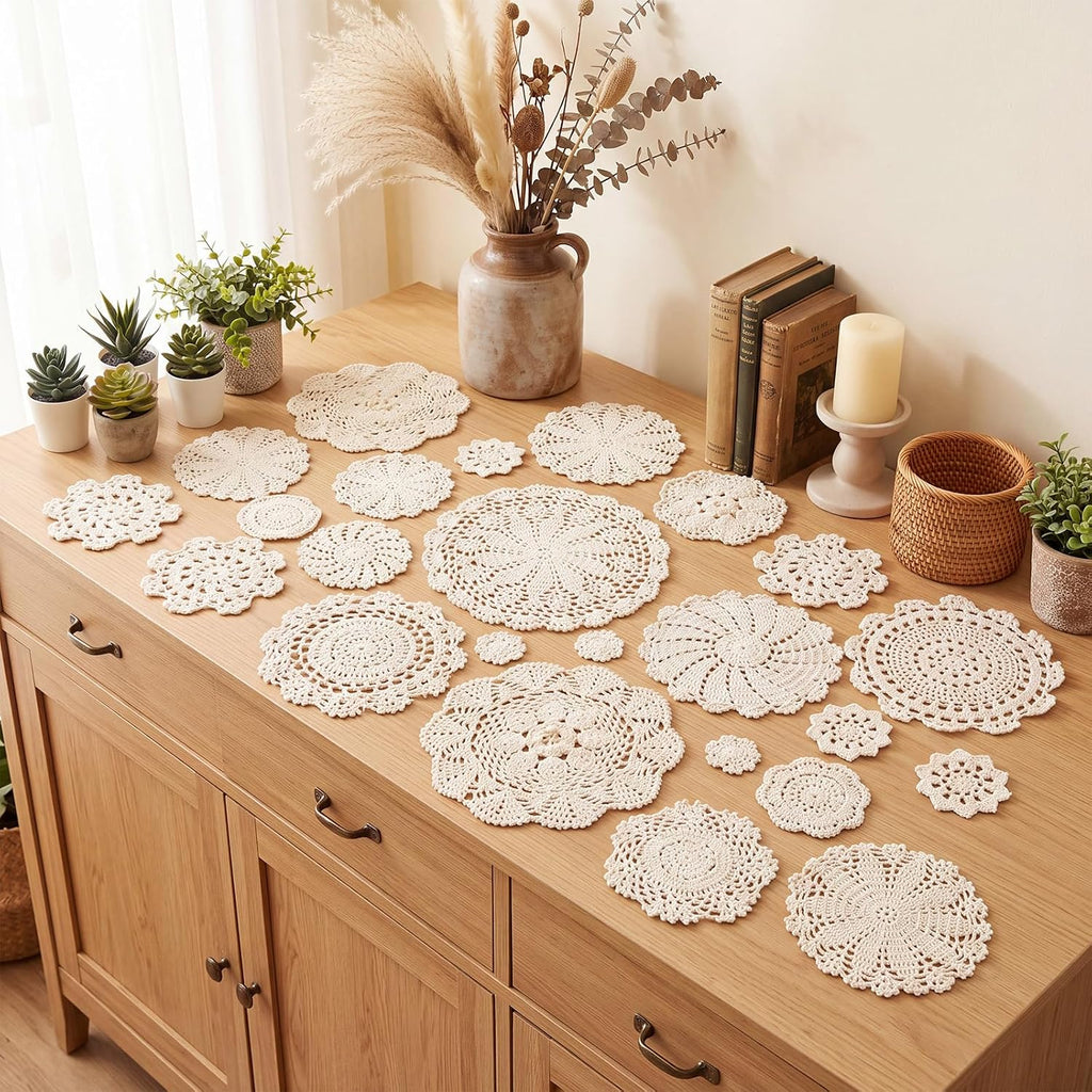 Irenare 24 Pcs Hand Crochet Lace Doilies Set 3 to 10 Inch Cotton Lace Doilies Vintage Round Floral Table Decor Placemats Coasters for Wedding Bridal Shower Boho Farmhouse Decoration