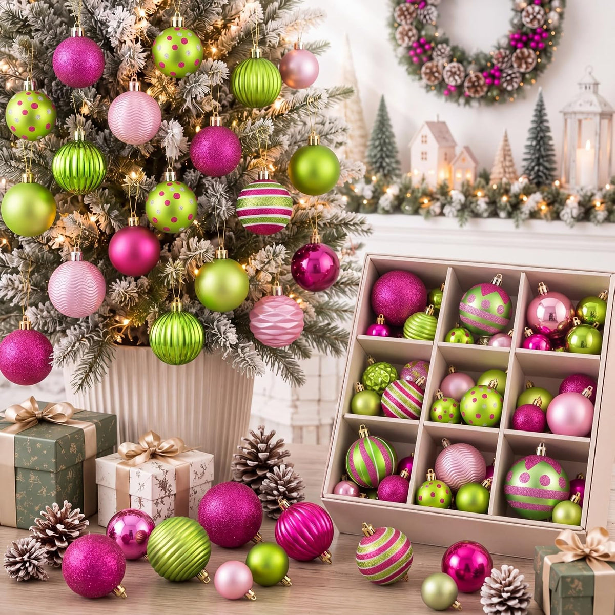 64 Pcs Neutral Christmas Ball Ornaments Brown Green White Xmas Bulbs | 1.57/1.97/2.36 Inch, Shatterproof Xmas Baubles, Assorted Size Modern Christmas Decoration, for Tree Home Indoor Holiday Decor