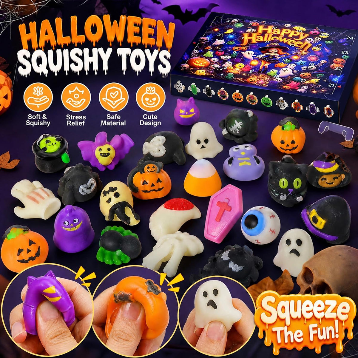 Halloween Advent Calendar 2026 – 24 Days Crunchy Squishy Countdown, Non Candy Trick or Treat Prizes, with Cute Spooky Designs like Pumpkins, Ghosts, Bats. Mystery Holiday Gift Box （random color）