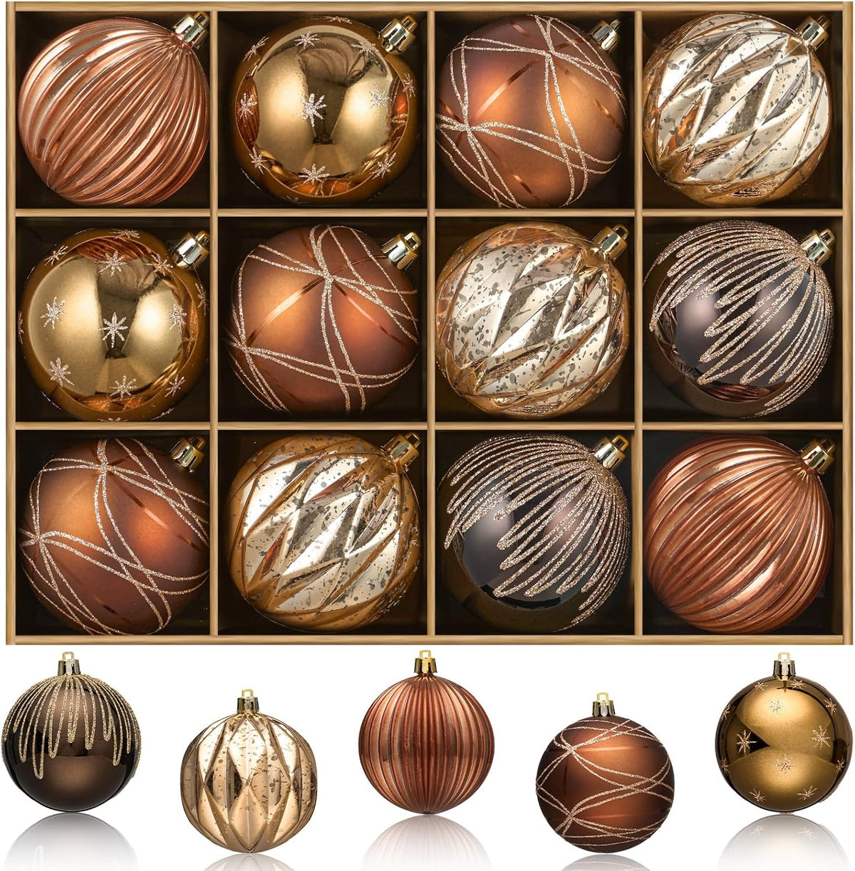 JORNOY Christmas Tree Ornaments Set of 12, 3.15inch/80MM Shatterproof Plastic Xmas Tree Ball Ornaments Bulk Decorative Hanging Baubles for Xmas Tree Decor Holiday Party Decorations, Earth Tone