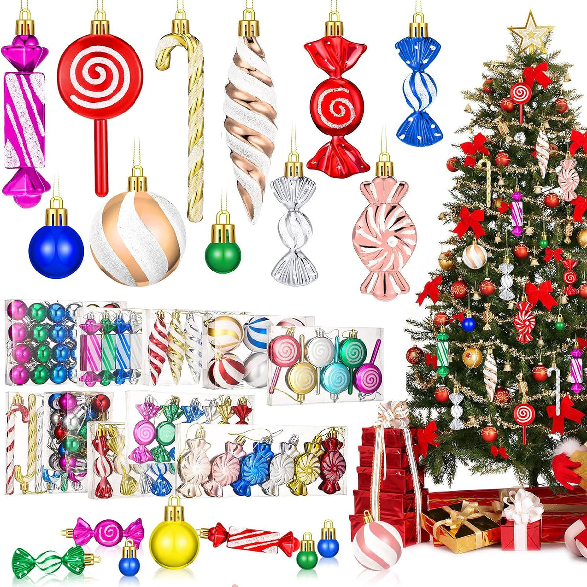 96 Pcs Christmas Tree Ornaments Colorful Candy Ball Ornament | Christmas Hanging Glitter Candy Cane Decorations， Christmas Tree Peppermint Swirl Lollipop Decorations, Xmas Party Tree Decor