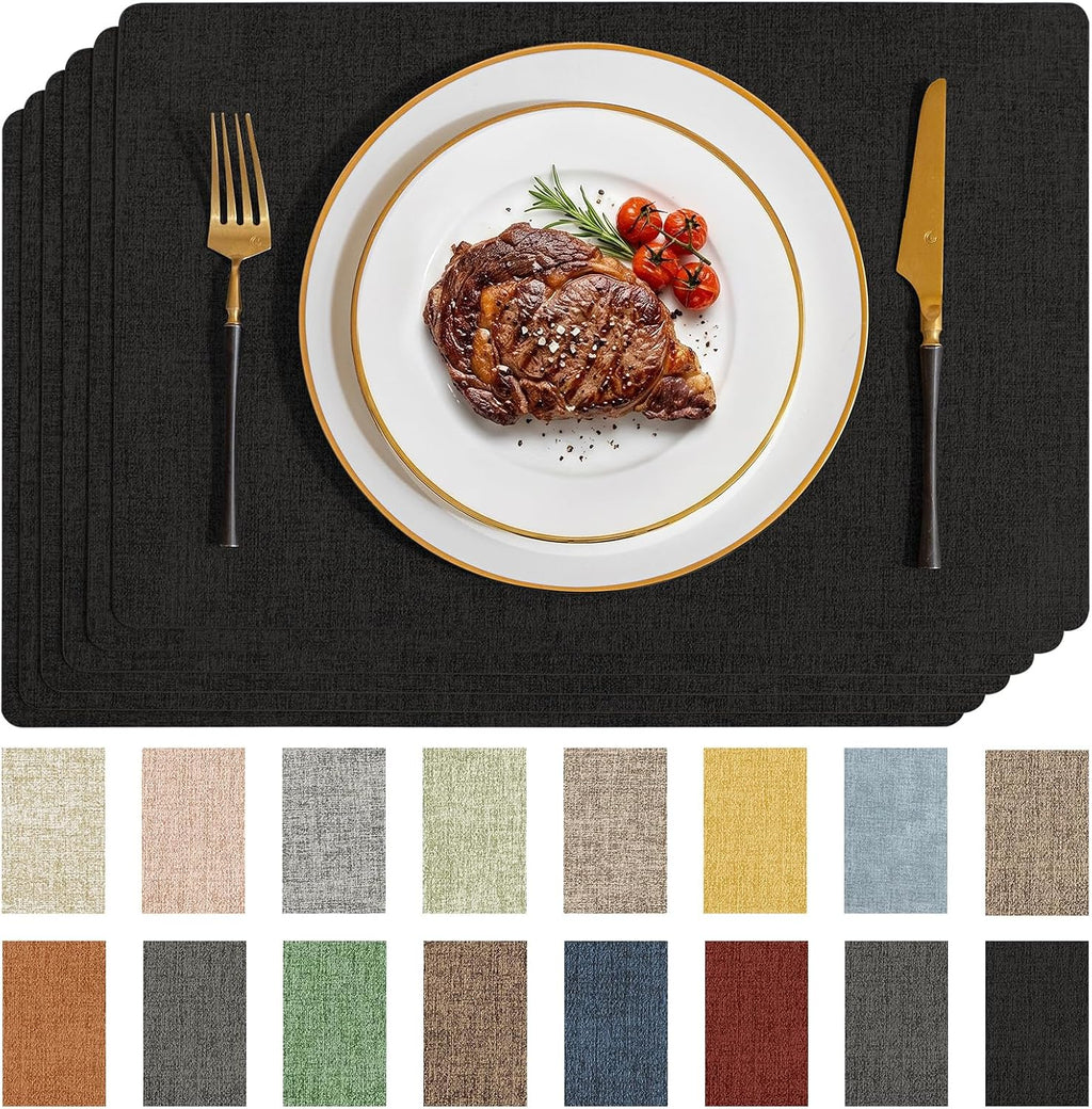 Romanstile Faux Leather Vinyl Placemats Set of 4, Charcoal | 100% Waterproof Wipeable Anti Slip Place Mats, Heat Resistant Reversible PU Table Mats for Kitchen Dining Indoor & Outdoor