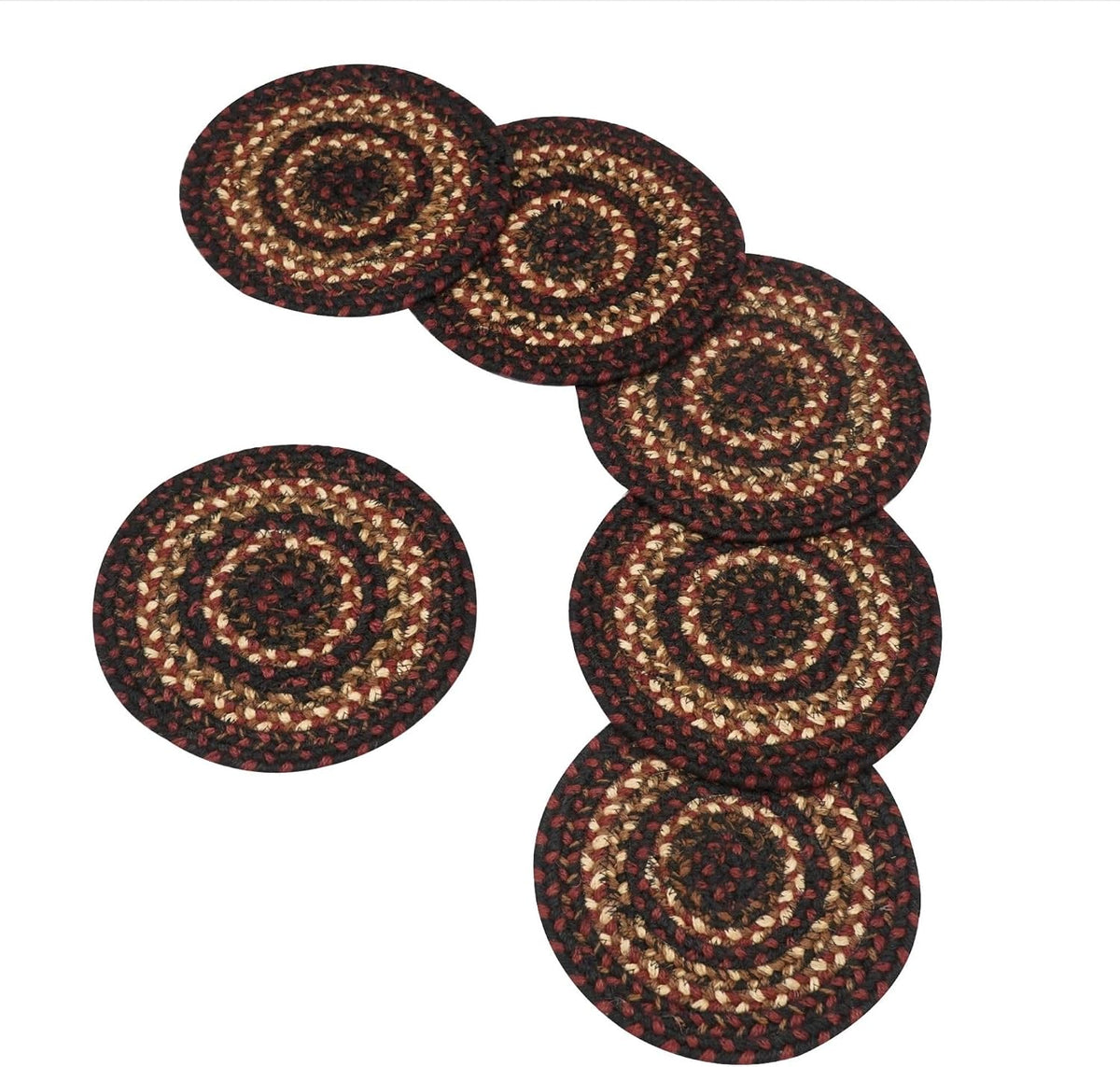 Homespice Apple Pie Braided Coasters for Country Decor, Round 4 Set of 6 | Red Absorbent Drink Coasters for Tabletop, Absorbs Moisture, Rich Colors, Durable and Easy to Clean