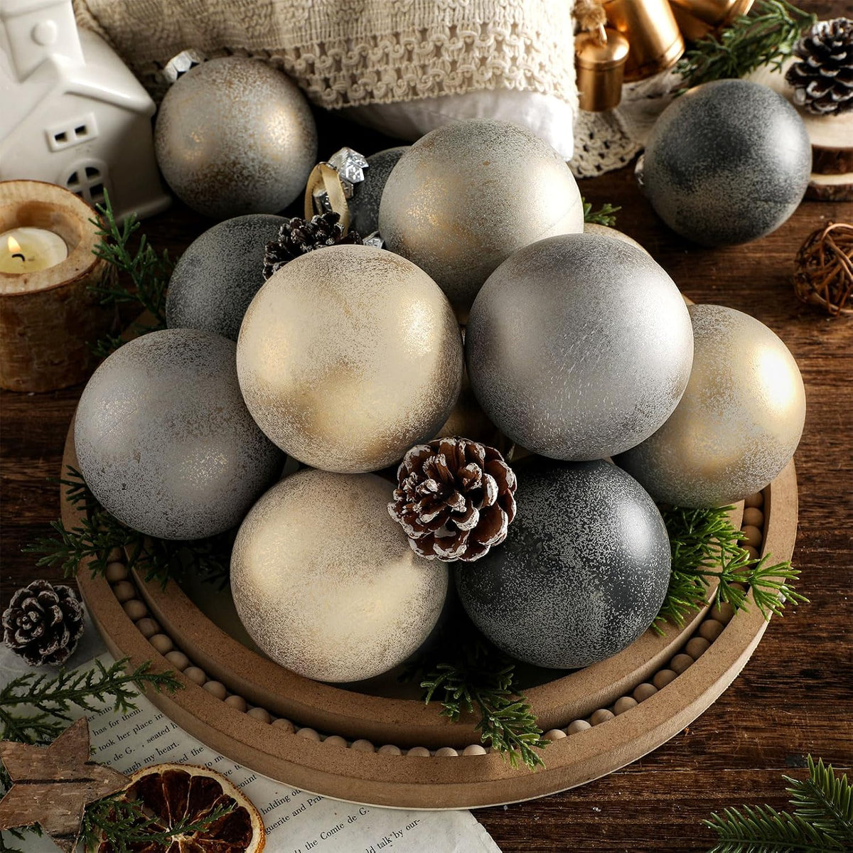12 Pcs 3.15 Inch Neutral Christmas Ornaments Balls for Tree | Textured Rustic Shatterproof Xmas Baubles Hanging Ornaments for Table Centerpieces Wreath Home Decor