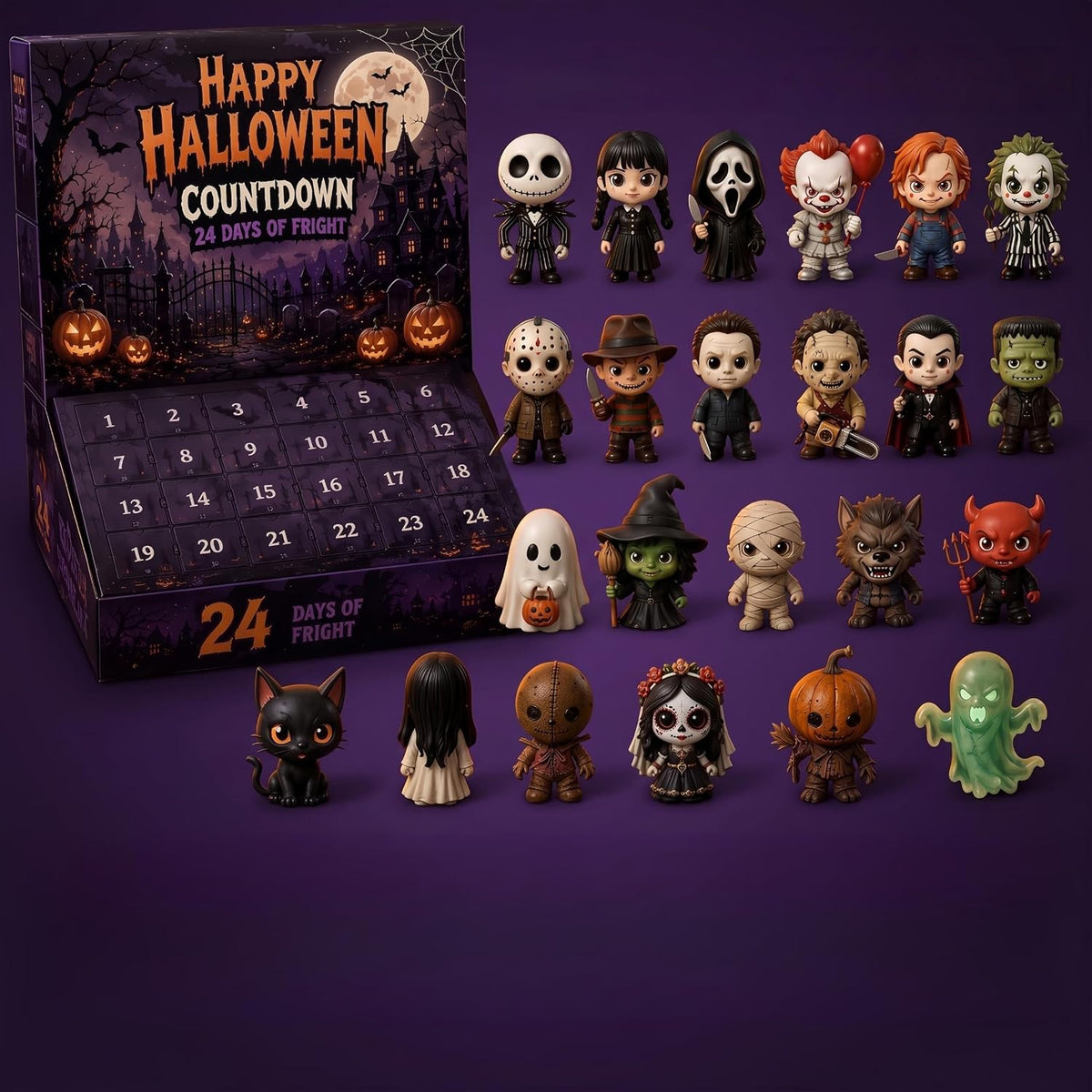2026 Halloween 24 Days Spooky Countdown Blind Box, 24 Nights of Fright Mini Collectible Figurines, Halloween Desktop Decor Ornament Gift Box (f)